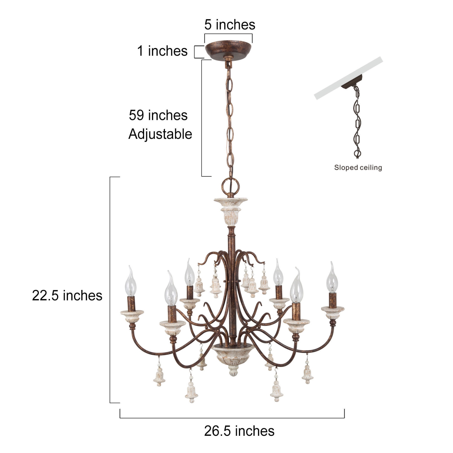 Lustre français champêtre à 6 lampes aspect vieilli
