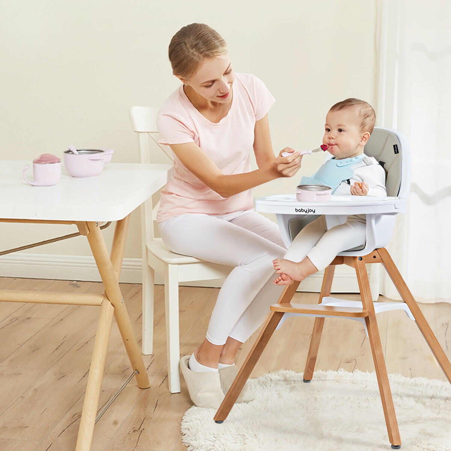 Chaise haute convertible 3-en-1 en bois pour bébé de Costway avec plateau et pattes ajustables