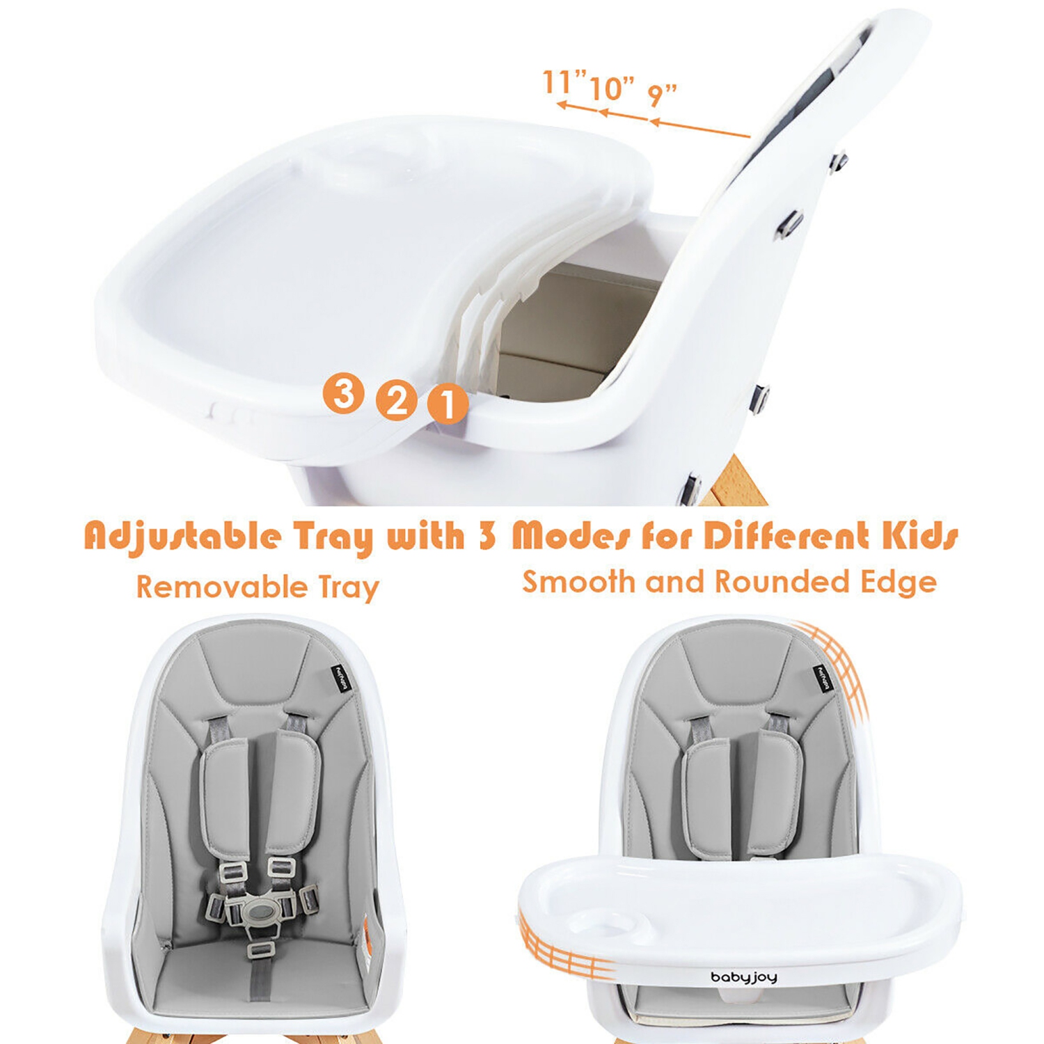 Chaise haute convertible 3-en-1 en bois pour bébé de Costway avec plateau et pattes ajustables