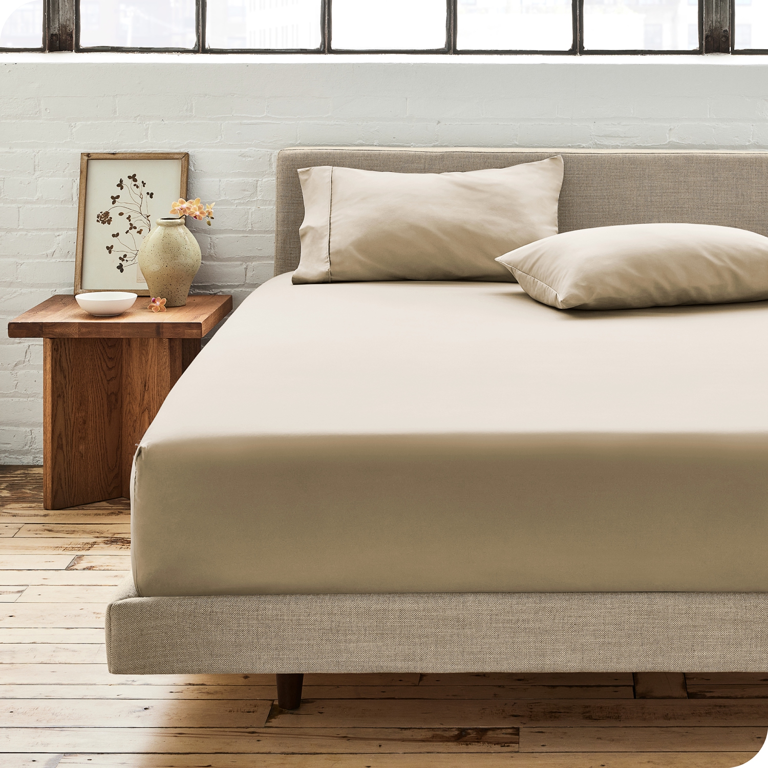 Drap-housse 100 % coton biologique Bare Home - tissage percale Crisp - léger et respirant - Beige français, TG simple