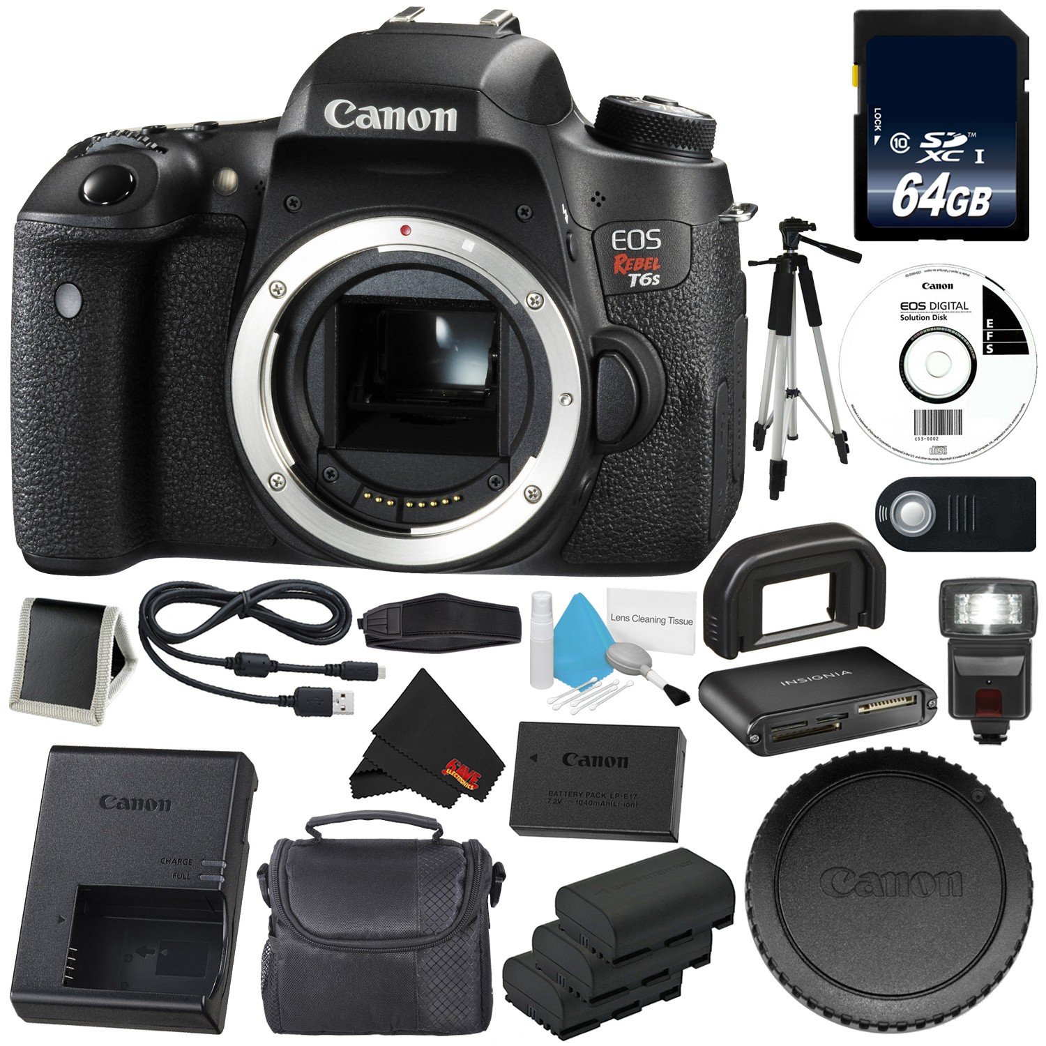6Ave Canon EOS Rebel T6s DSLR Camera (Body Only) (0020C001) + LP-E17 Replacement Lithium Ion Battery + External Flash +