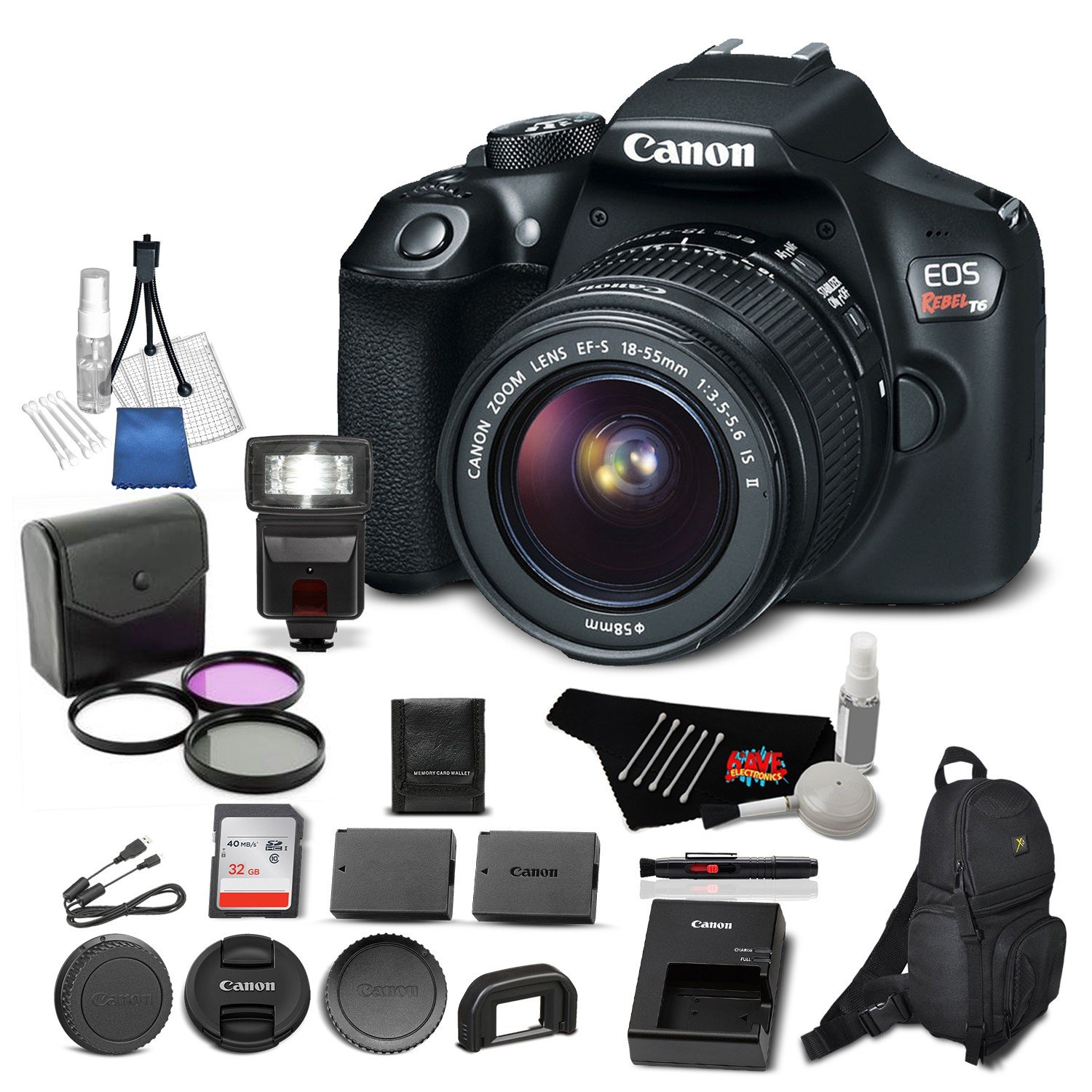 Canon EOS Rebel T6 Digital SLR Camera Bundle with EF-S 18-55mm f/3.5-5.6 is II Lens with 32GB Memory Card + Filter Kit +