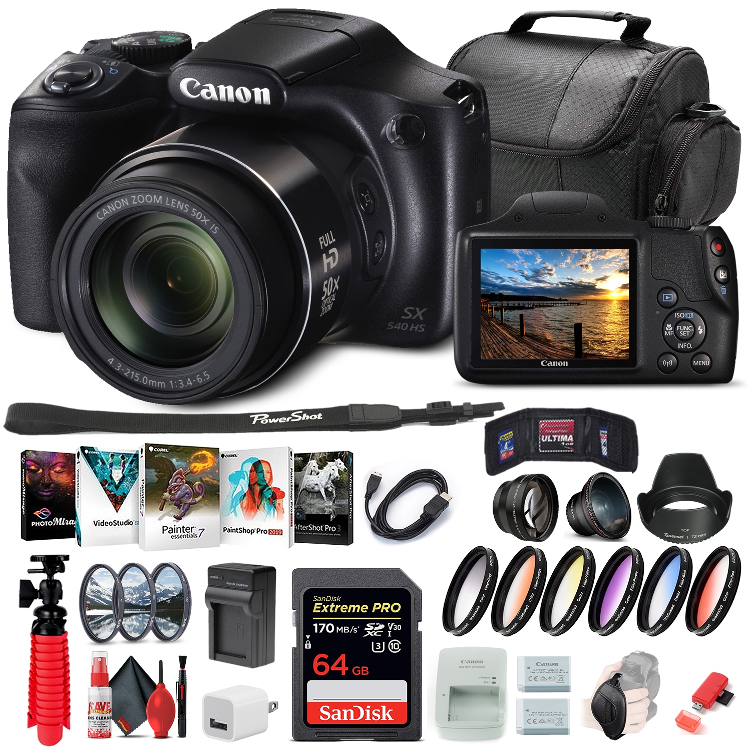 Canon PowerShot SX540 HS Digital Camera (1067C001) + 64GB Memory Card + More