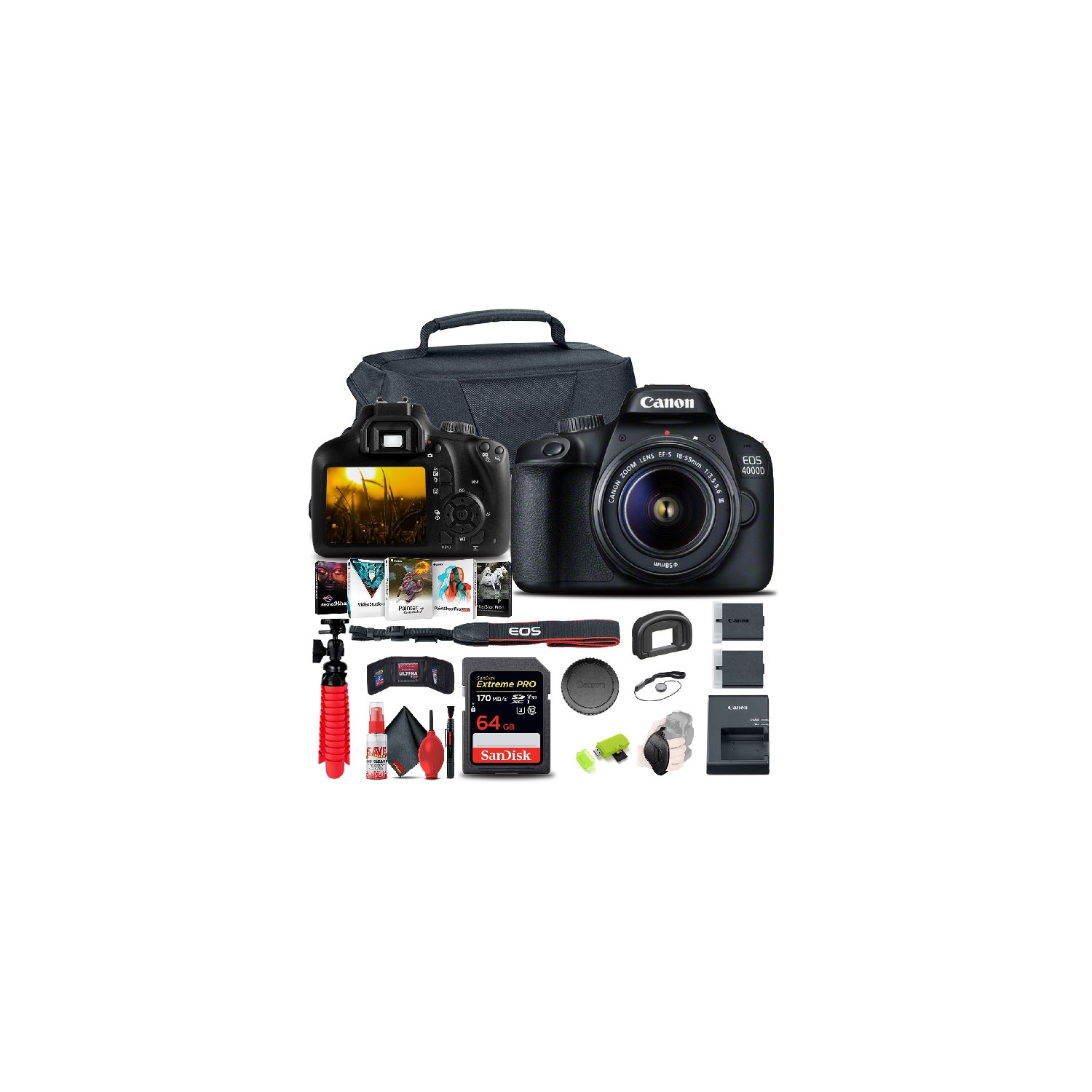 Canon EOS 4000D / Rebel T100 DSLR Camera with 18-55mm Lens Extra Battery Mountain Bundle