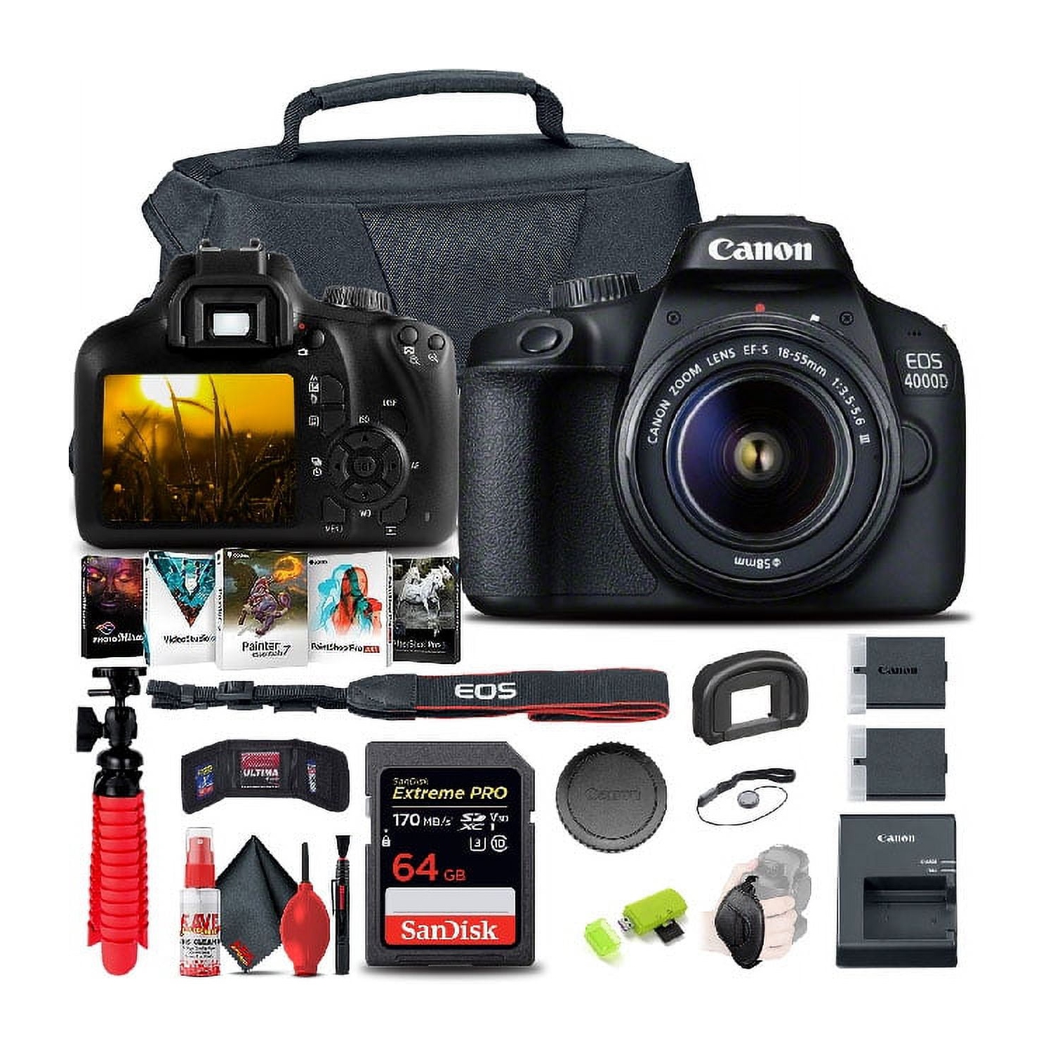 Canon EOS 4000D Rebel T100 DSLR Camera with 18-55mm Lens, 64GB Card, Software, and More Bundle