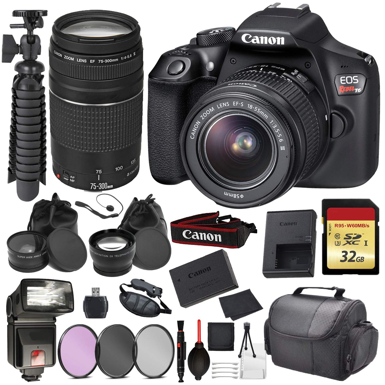 Canon EOS Rebel T6 Digital SLR Camera with EF-S 18-55mm + EF 75-300mm (Black) Essential Accessory Bundle Package Deal In