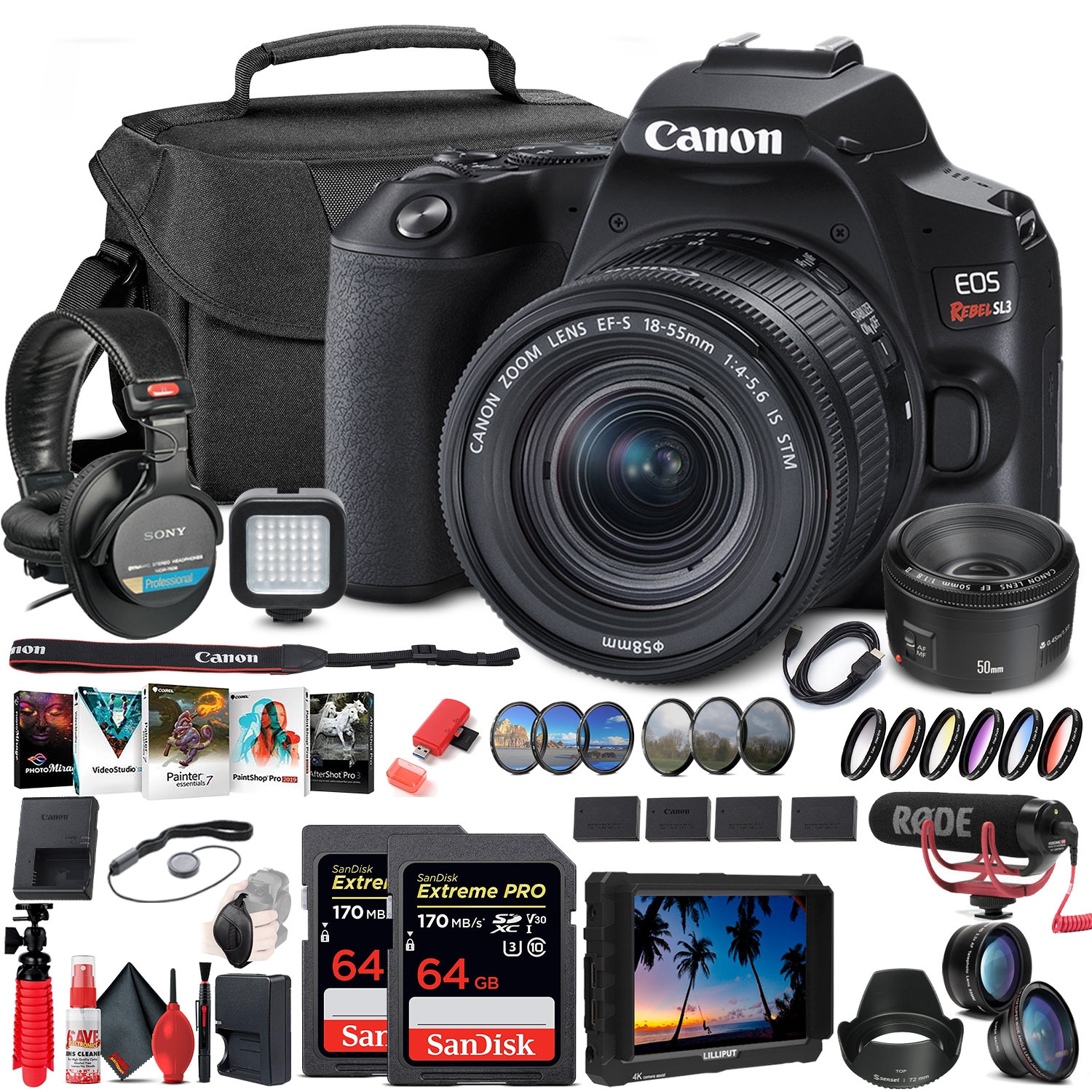 Canon EOS Rebel SL3 DSLR Camera with 18-55mm Lens (3453C002) Extreme Video Monitor Bundle