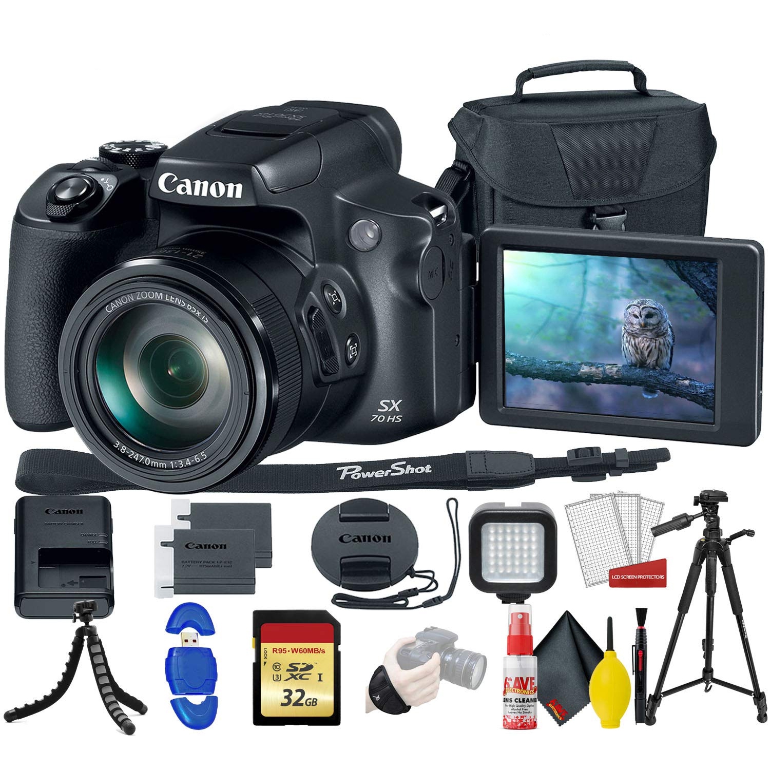 Canon PowerShot SX70 HS Digital Camera (3071C001) with 32GB Memory Card,  Padded Case, Spider Tripod, LED Light, Extra Ba