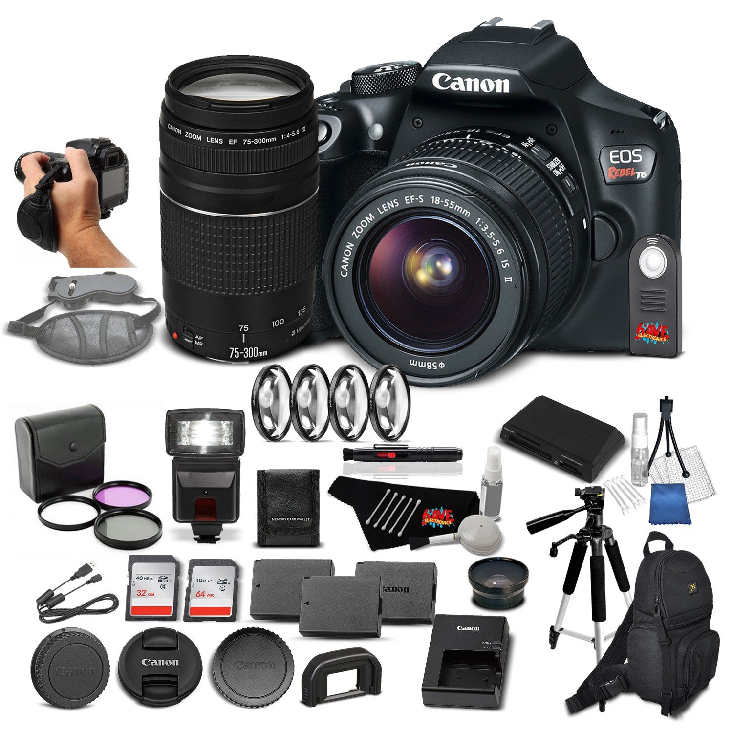 Canon EOS Rebel T6 Digital SLR Camera Bundle with EF-S 18-55mm f/3.5-5.6 is II Lens + EF 75-300mm f/4-5.6 III Telephoto
