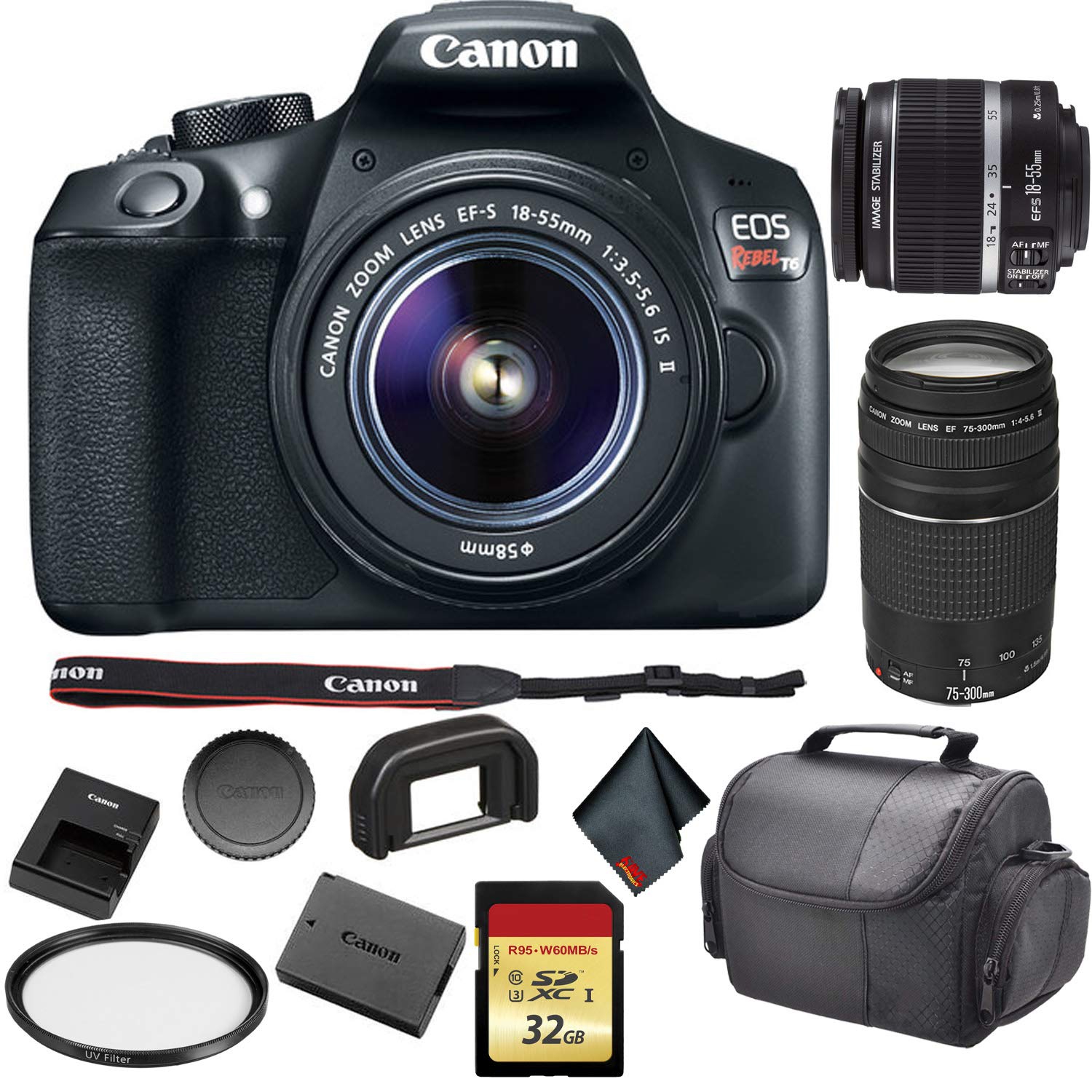 Canon EOS Rebel T6 DSLR Camera with 18-55mm Lens 1159C003 Bundle with Canon EF 75-300mm f/4-5.6 III Lens + 32GB Memory C