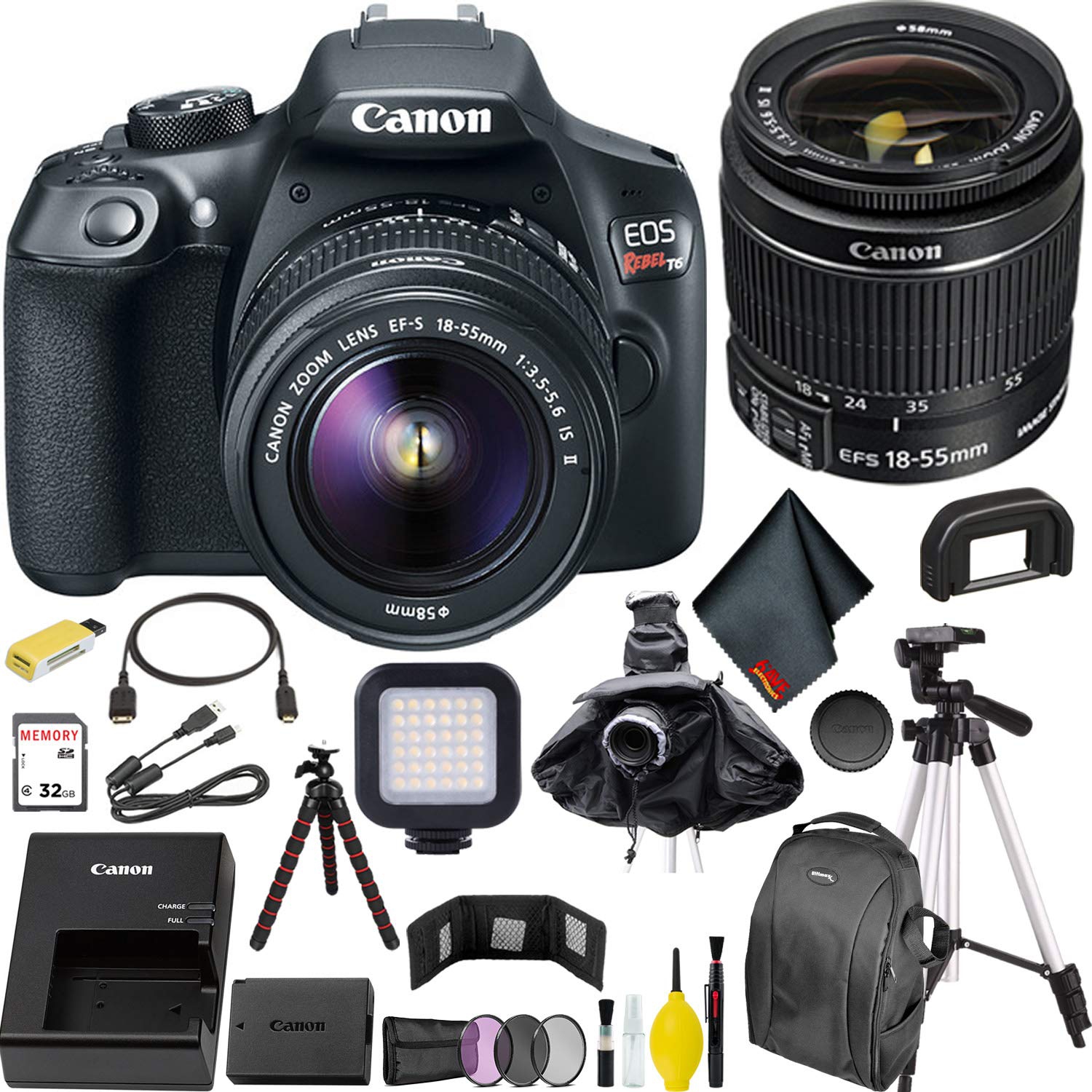 Canon EOS Rebel T6 DSLR Camera with 18-55mm Lens + LED Kit Bundle