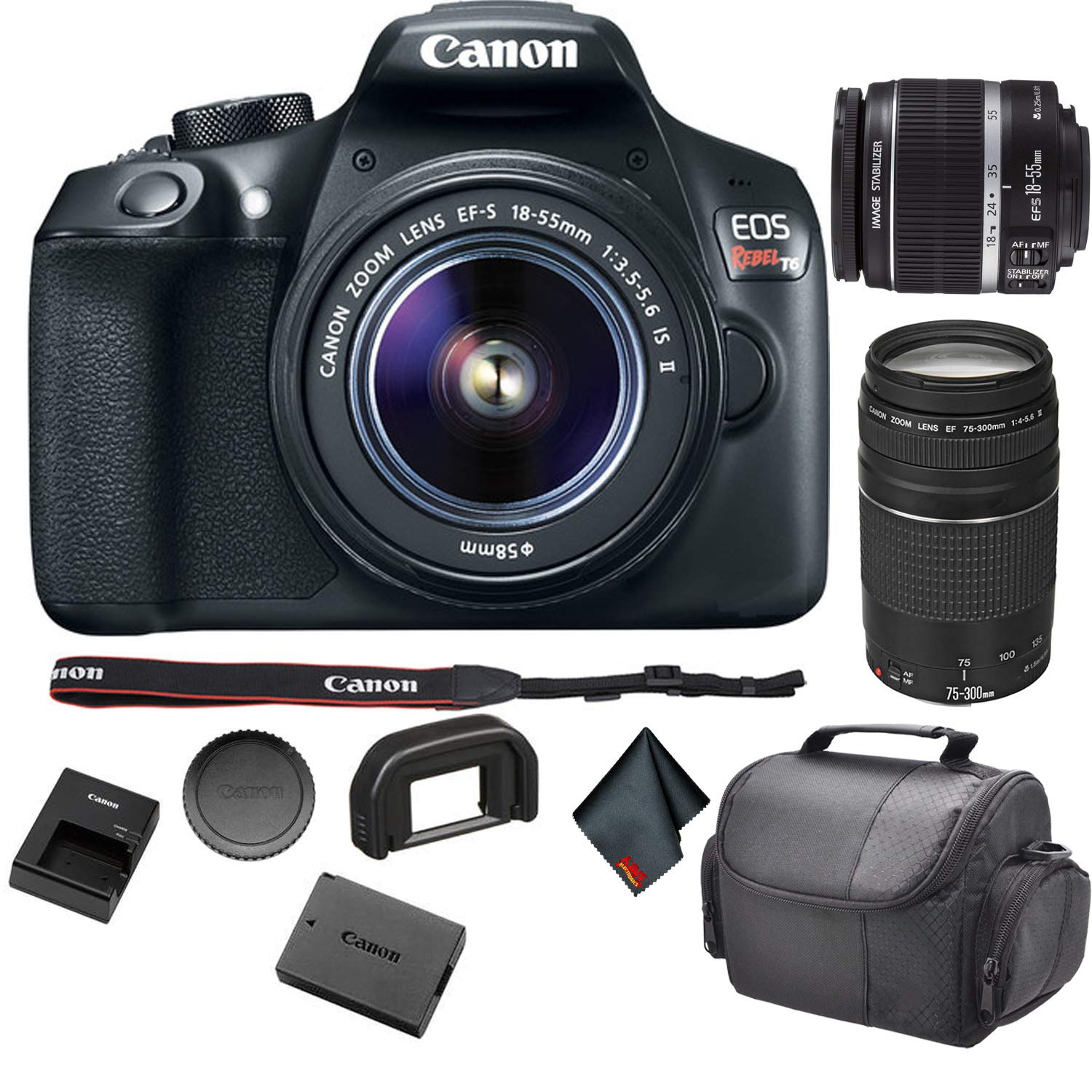Canon EOS Rebel T6 DSLR Camera with 18-55mm Lens 1159C003 Bundle with Canon EF 75-300mm f/4-5.6 III Lens + More