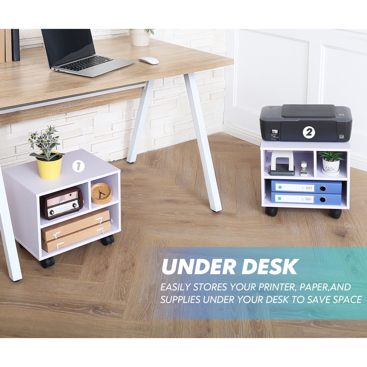 FITUEYES Mobile Printer Stand Under Desk Machine Work Modern File Cabinet Cart with Wheels, PS304005WW