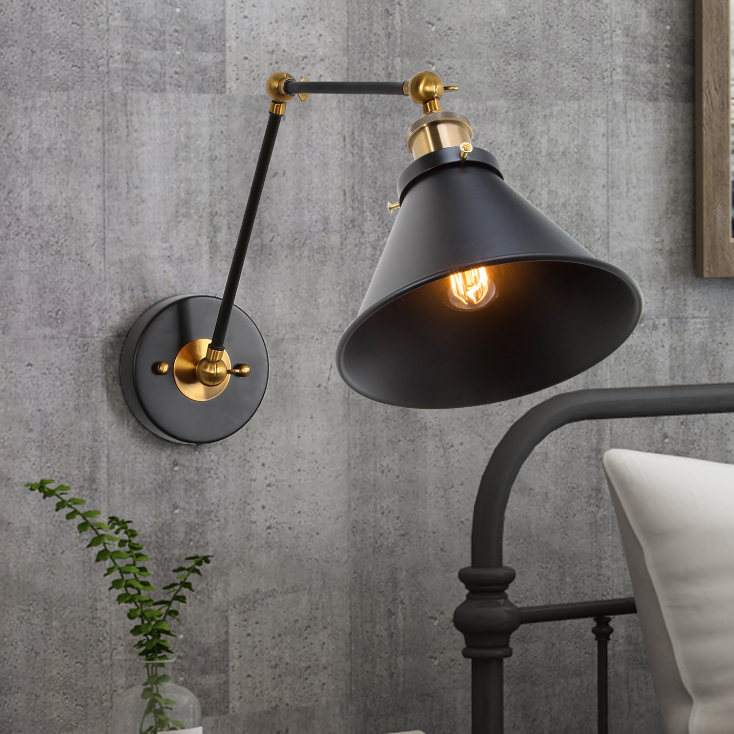 Modern 1-Light Jet-Black Swing Arm Wall Lamp