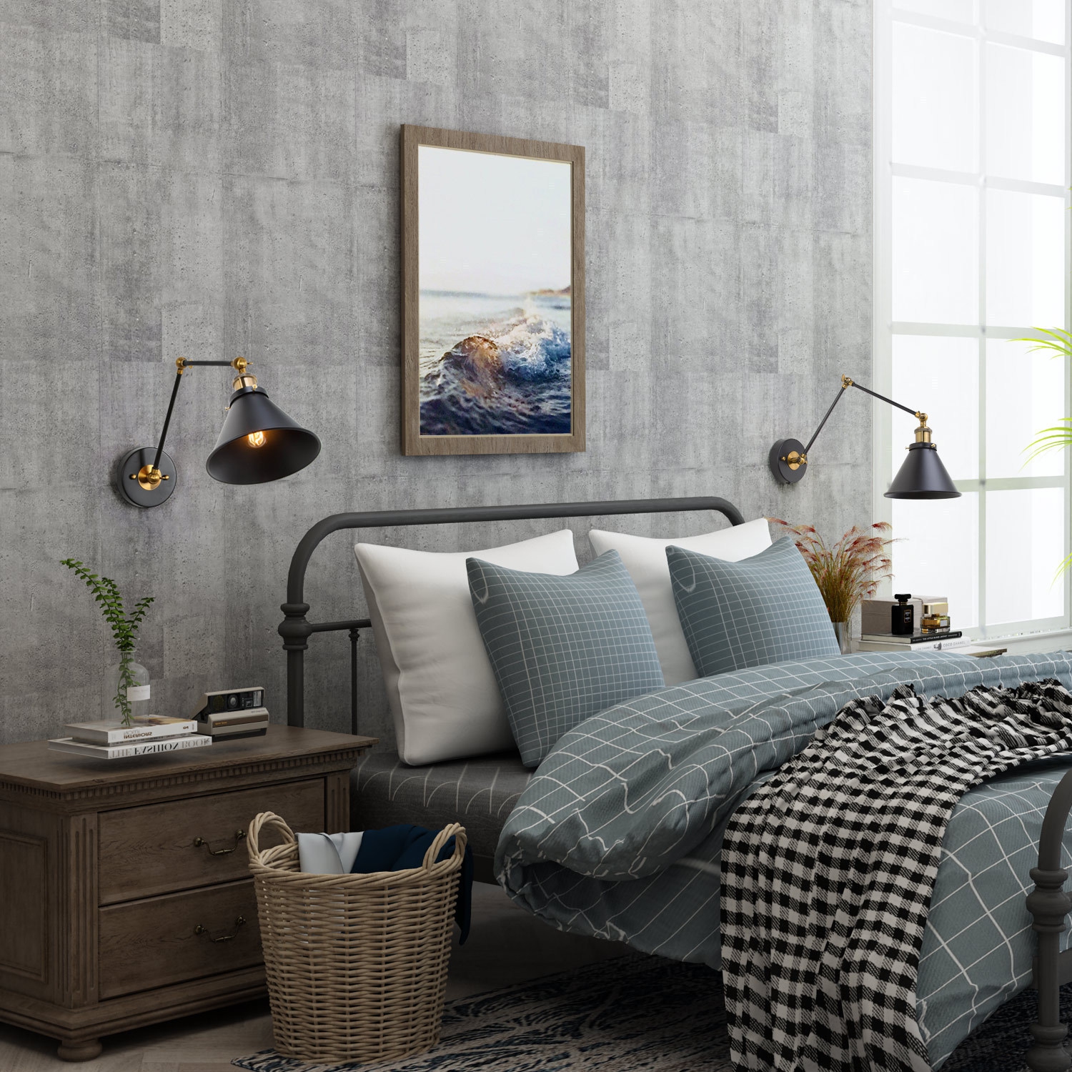 Modern 1-Light Jet-Black Swing Arm Wall Lamp