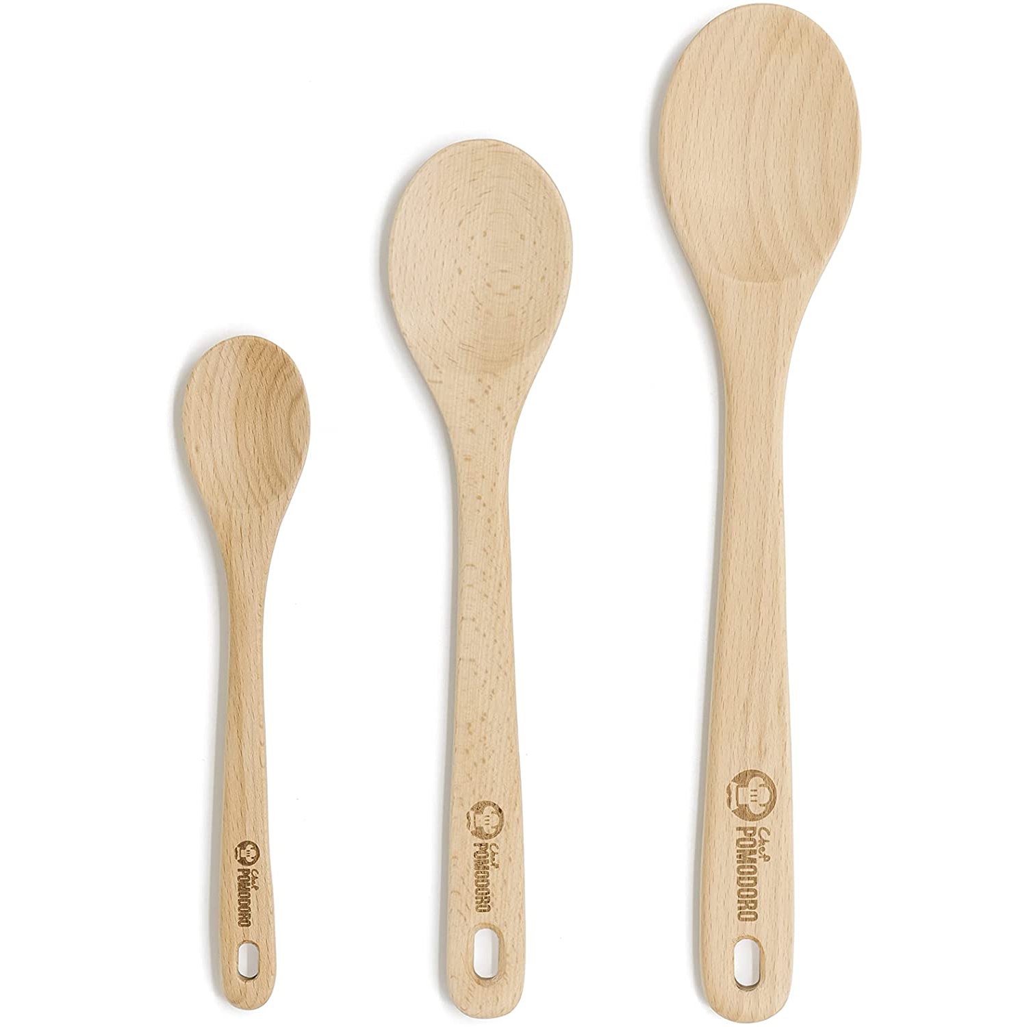 Chef Pomodoro Wooden Spoons for Cooking 3-Piece Set, Solid Beechwood | 12-Inch, 10.5-Inch, 8-Inch | Soup Spoon Kitchen Wood Mixing Essentials
