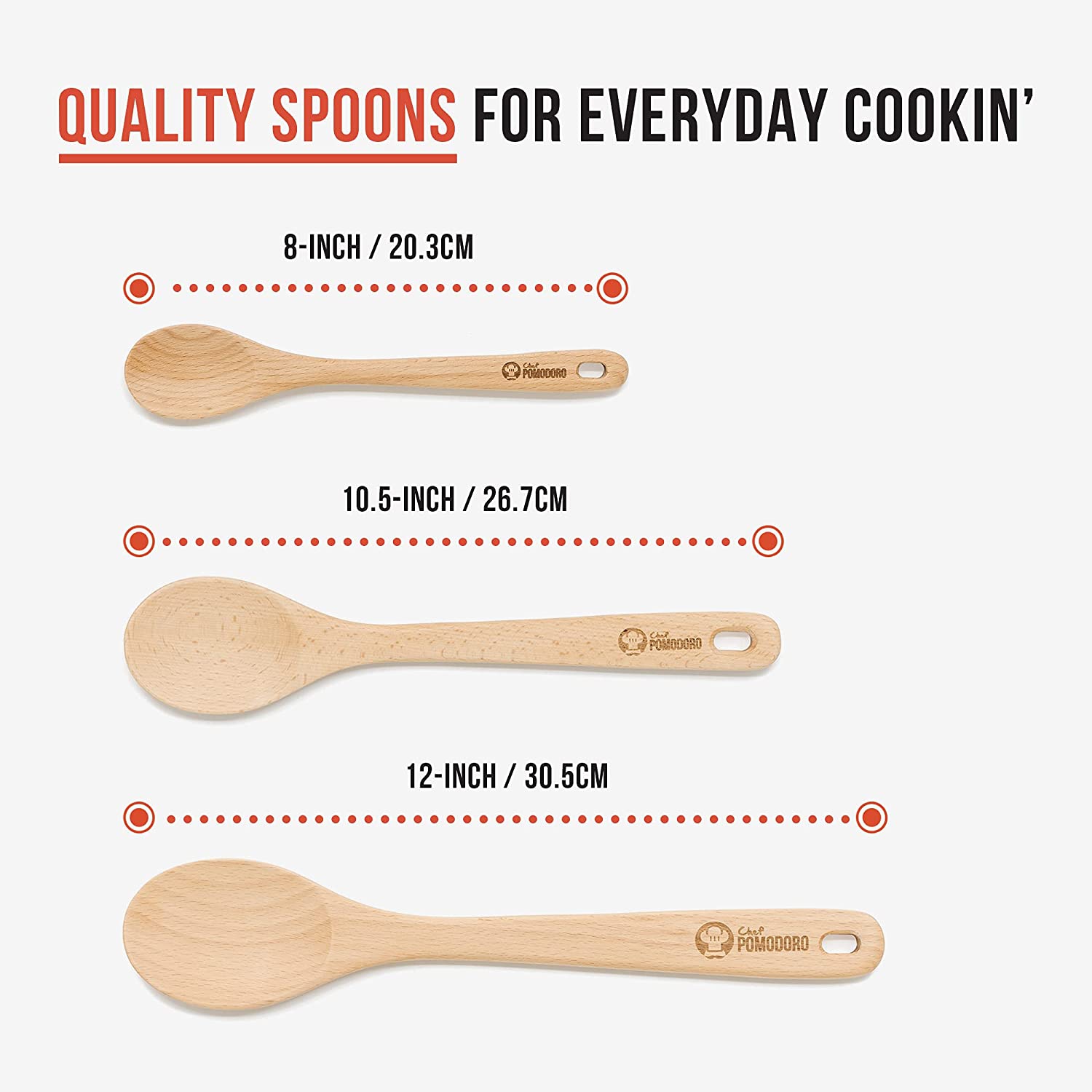 Chef Pomodoro Wooden Spoons for Cooking 3-Piece Set, Solid Beechwood | 12-Inch, 10.5-Inch, 8-Inch | Soup Spoon Kitchen Wood Mixing Essentials