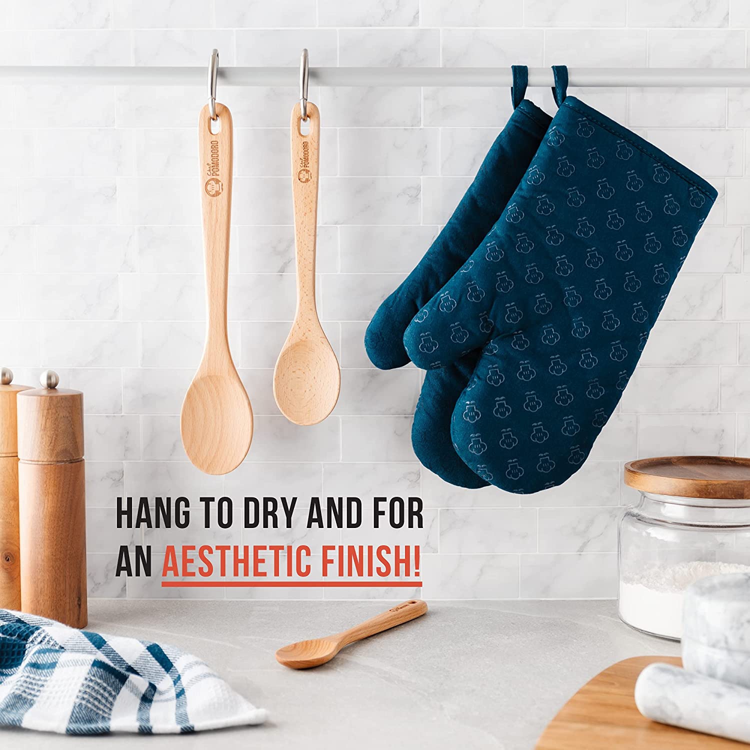 Chef Pomodoro Wooden Spoons for Cooking 3-Piece Set, Solid Beechwood | 12-Inch, 10.5-Inch, 8-Inch | Soup Spoon Kitchen Wood Mixing Essentials