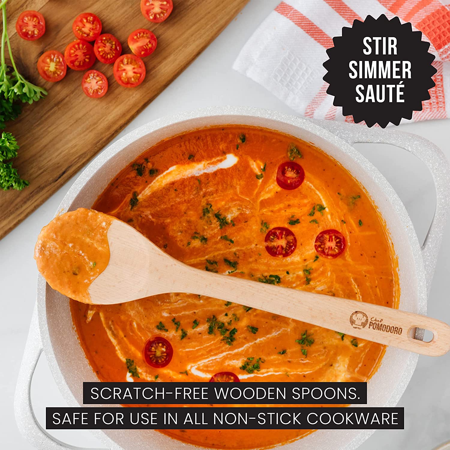 Chef Pomodoro Wooden Spoons for Cooking 3-Piece Set, Solid Beechwood | 12-Inch, 10.5-Inch, 8-Inch | Soup Spoon Kitchen Wood Mixing Essentials