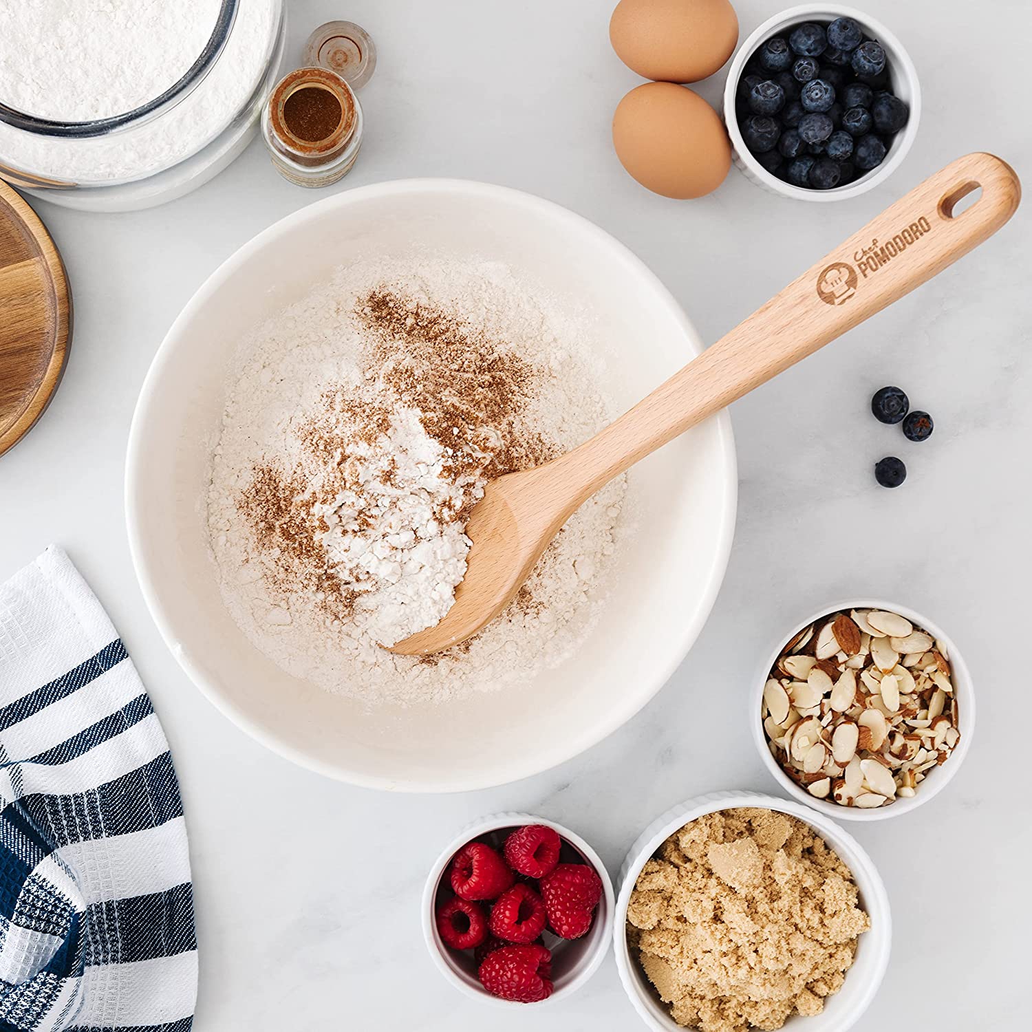 Chef Pomodoro Wooden Spoons for Cooking 3-Piece Set, Solid Beechwood | 12-Inch, 10.5-Inch, 8-Inch | Soup Spoon Kitchen Wood Mixing Essentials