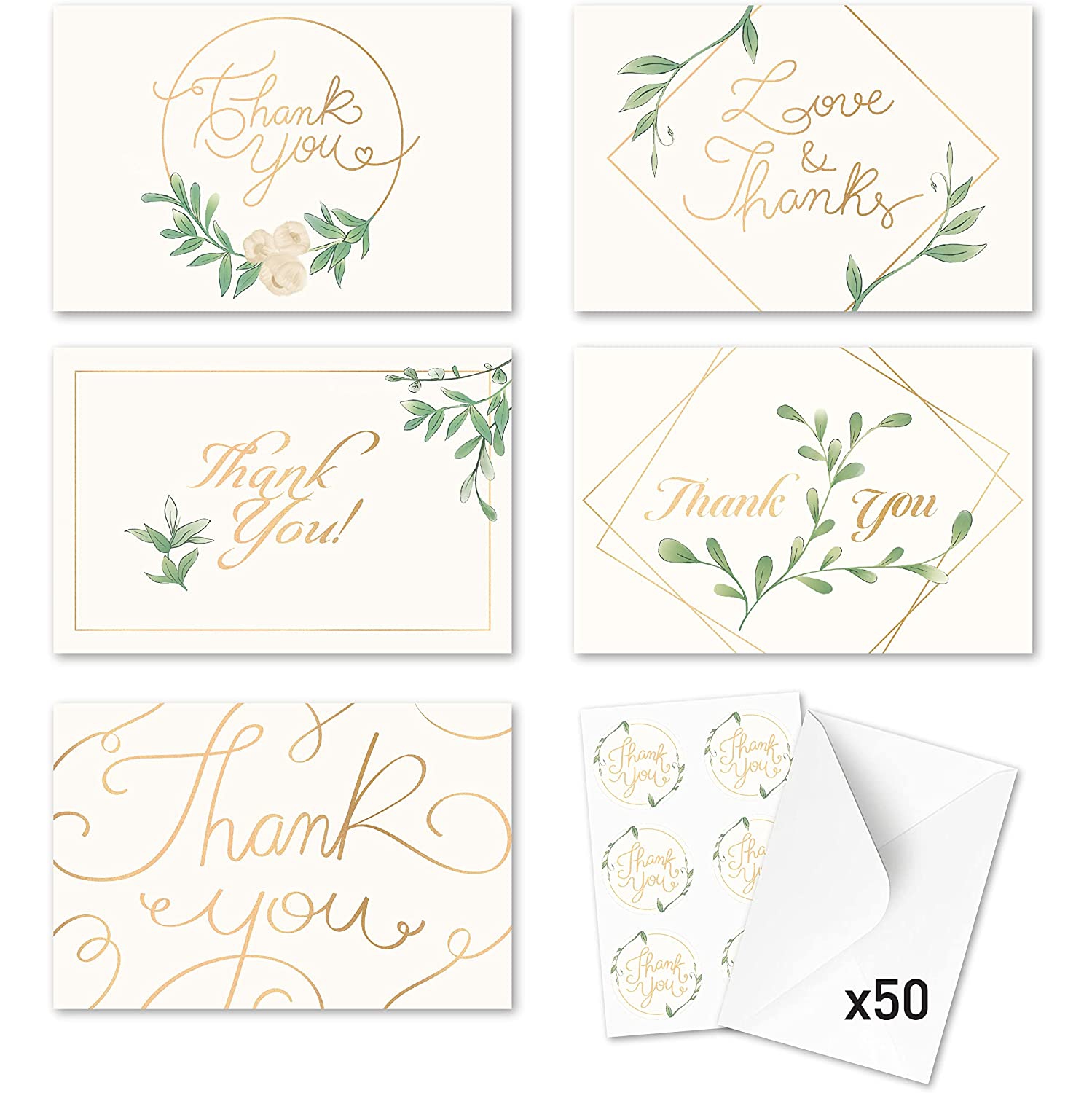 Rileys & Co Thank You Wedding Cards, Gold Foil, Classic 50 Wedding Cards, with Stickers & Envelopes | Bulk Thank You Notes Blank on the Inside |