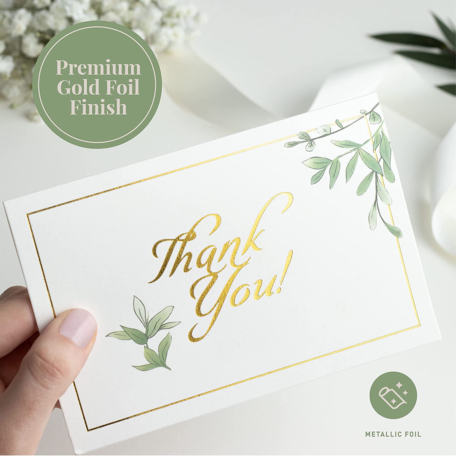 Rileys & Co Thank You Wedding Cards, Gold Foil, Classic 50 Wedding Cards, with Stickers & Envelopes | Bulk Thank You Notes Blank on the Inside |