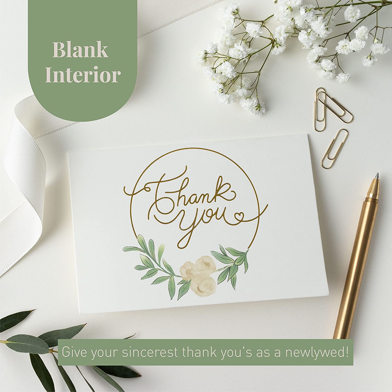 Rileys & Co Thank You Wedding Cards, Gold Foil, Classic 50 Wedding Cards, with Stickers & Envelopes | Bulk Thank You Notes Blank on the Inside |