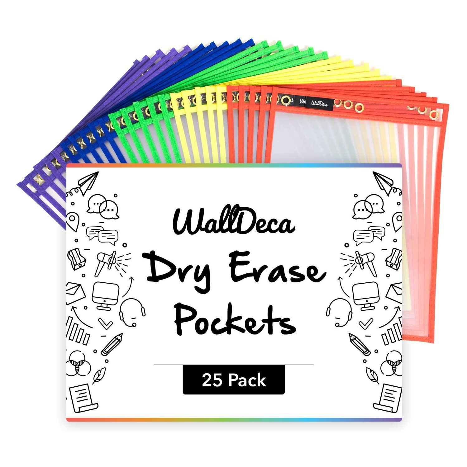 WallDeca Dry Erase Pocket Sleeves Assorted Colors, 8.5" x 11" Job Ticket Holders, Reusable Dry Erase Sleeves