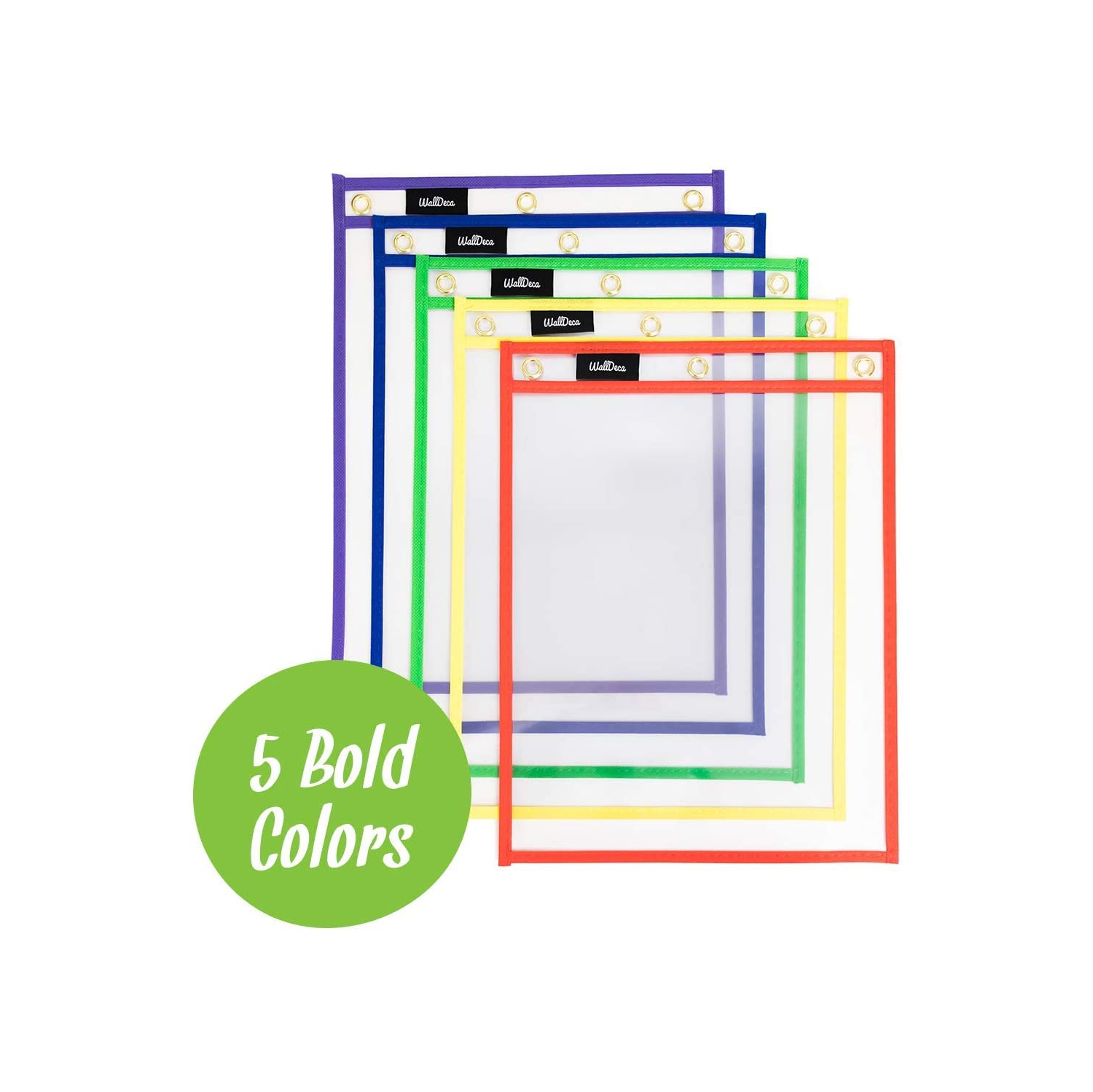 WallDeca Dry Erase Pocket Sleeves Assorted Colors, 8.5" x 11" Job Ticket Holders, Reusable Dry Erase Sleeves