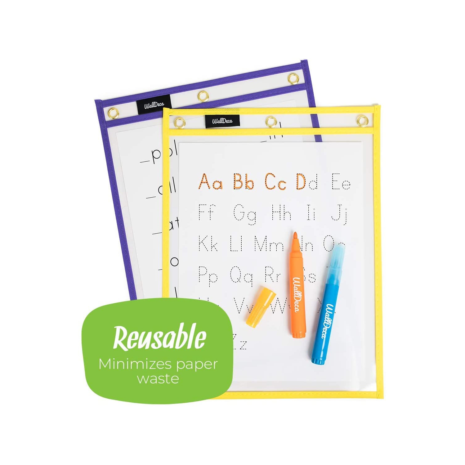 WallDeca Dry Erase Pocket Sleeves Assorted Colors, 8.5" x 11" Job Ticket Holders, Reusable Dry Erase Sleeves