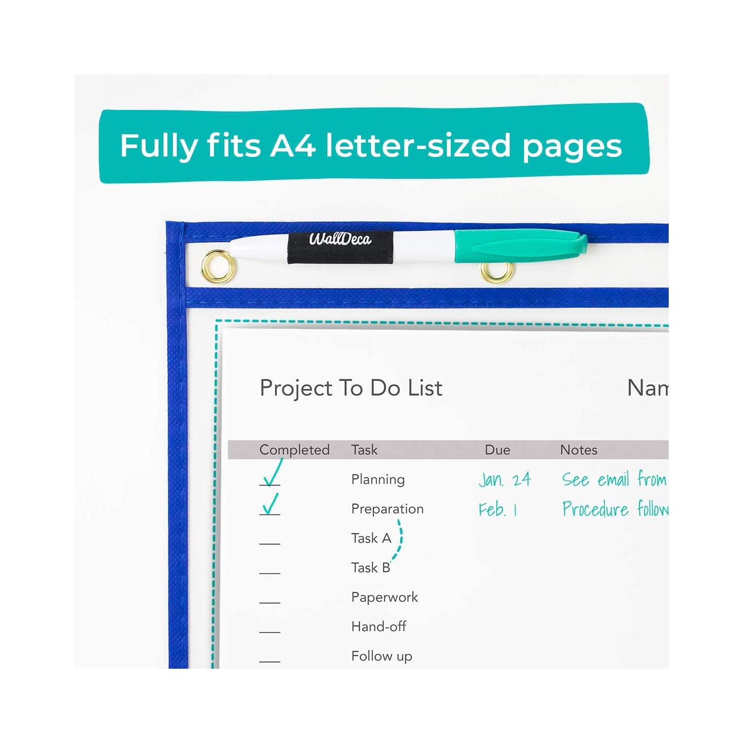 WallDeca Dry Erase Pocket Sleeves Assorted Colors, 8.5" x 11" Job Ticket Holders, Reusable Dry Erase Sleeves