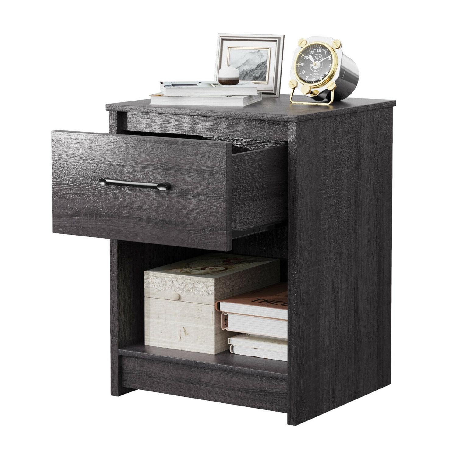 Gymax Nightstand with Drawer Storage Shelf Wooden End Side Table Bedroom Brown / Black / Natural