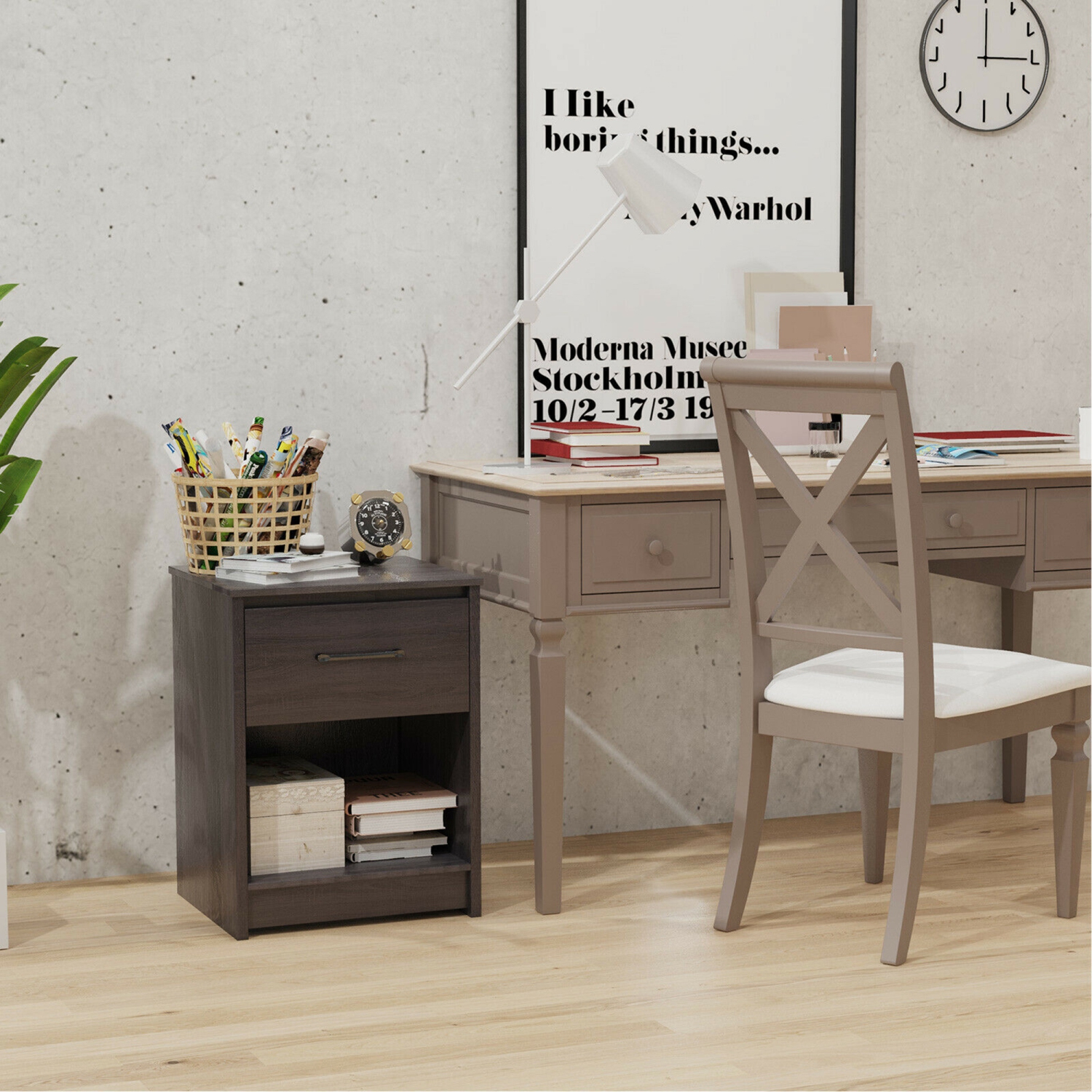 Gymax Nightstand with Drawer Storage Shelf Wooden End Side Table Bedroom Brown / Black / Natural