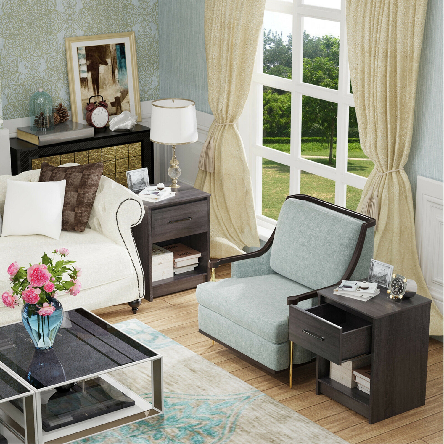 Gymax Nightstand with Drawer Storage Shelf Wooden End Side Table Bedroom Brown / Black / Natural