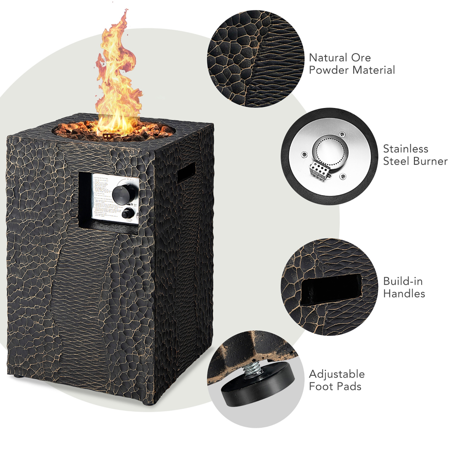 16" Square Outdoor Propane Fire Pit w/Lava Rocks Waterproof Cover 30,000 BTU