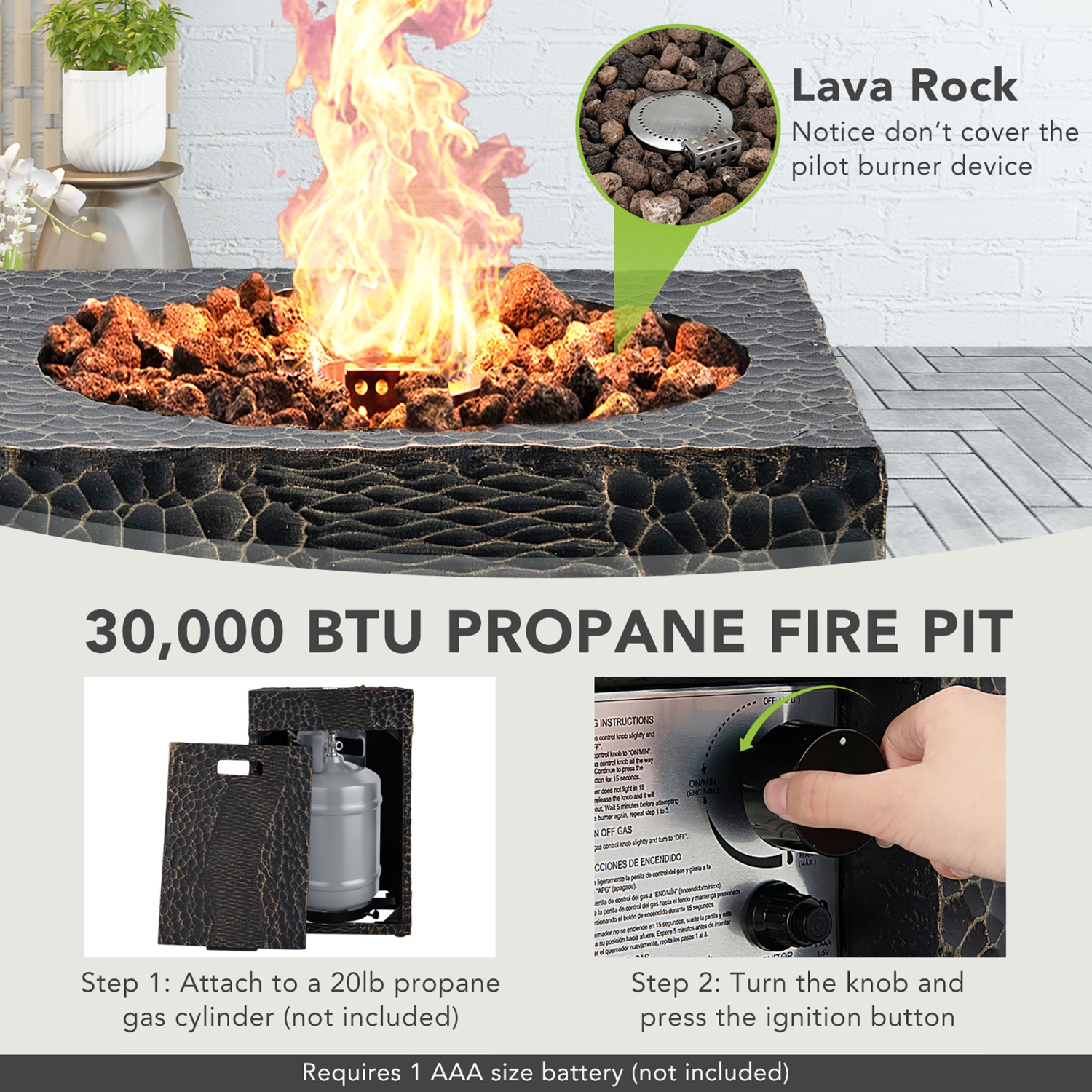 16" Square Outdoor Propane Fire Pit w/Lava Rocks Waterproof Cover 30,000 BTU