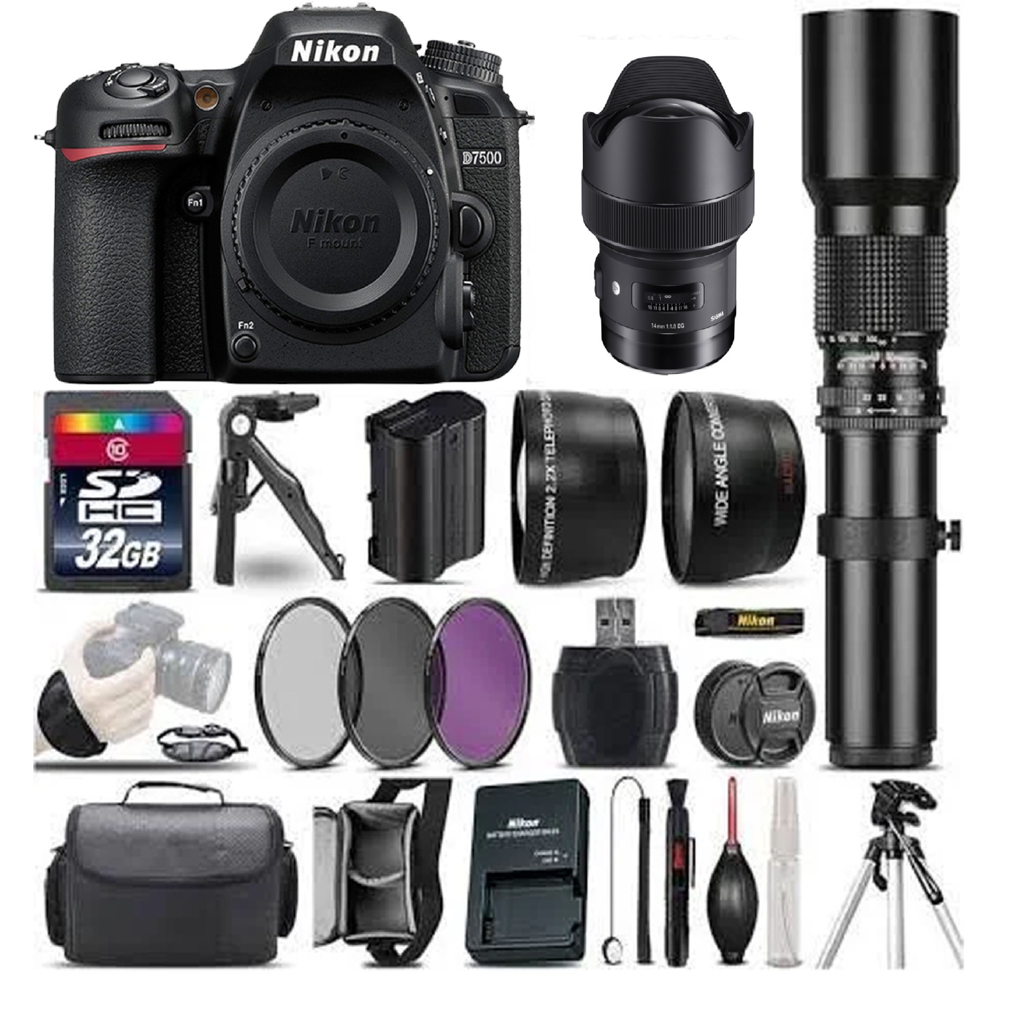 Nikon D7500 DSLR Camera with SIGMA 14mm F 1.8 ART Lens & 500mm Preset Lens Supreme Bundle