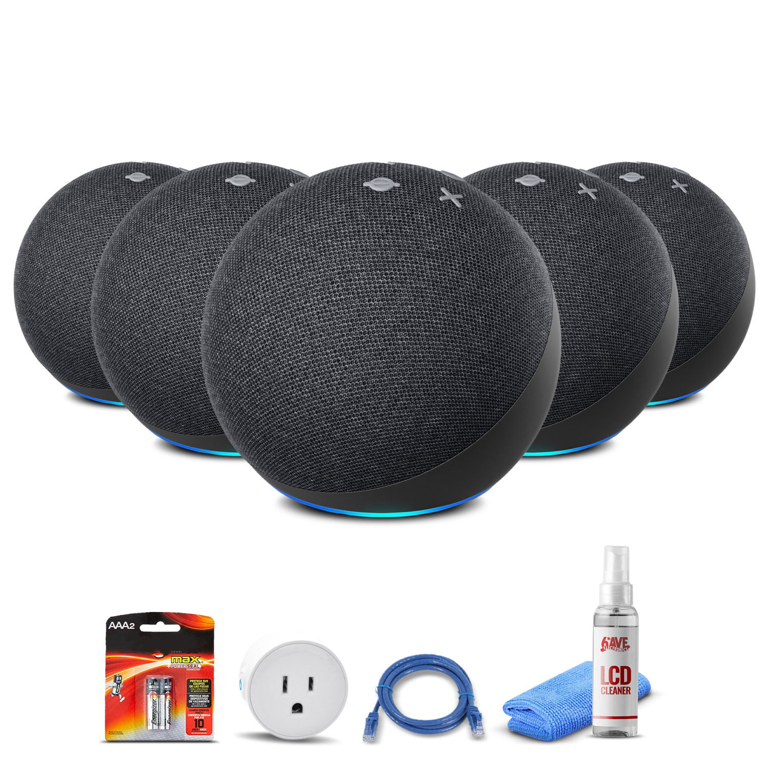 (5) Amazon Echo Dot (4th, Charcoal) + Smart Plug + Cat5 Cable + Batteries