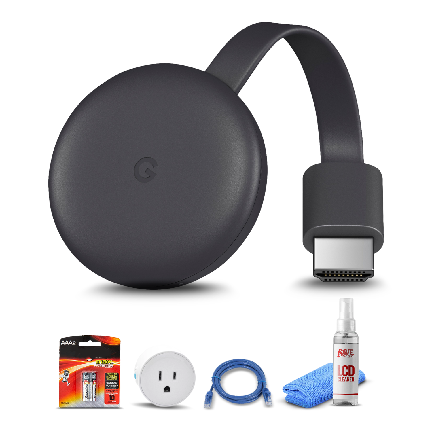 Google Chromecast Streamer (3rd) + Smart Plug + Cat5 Cable + Batteries Bundle
