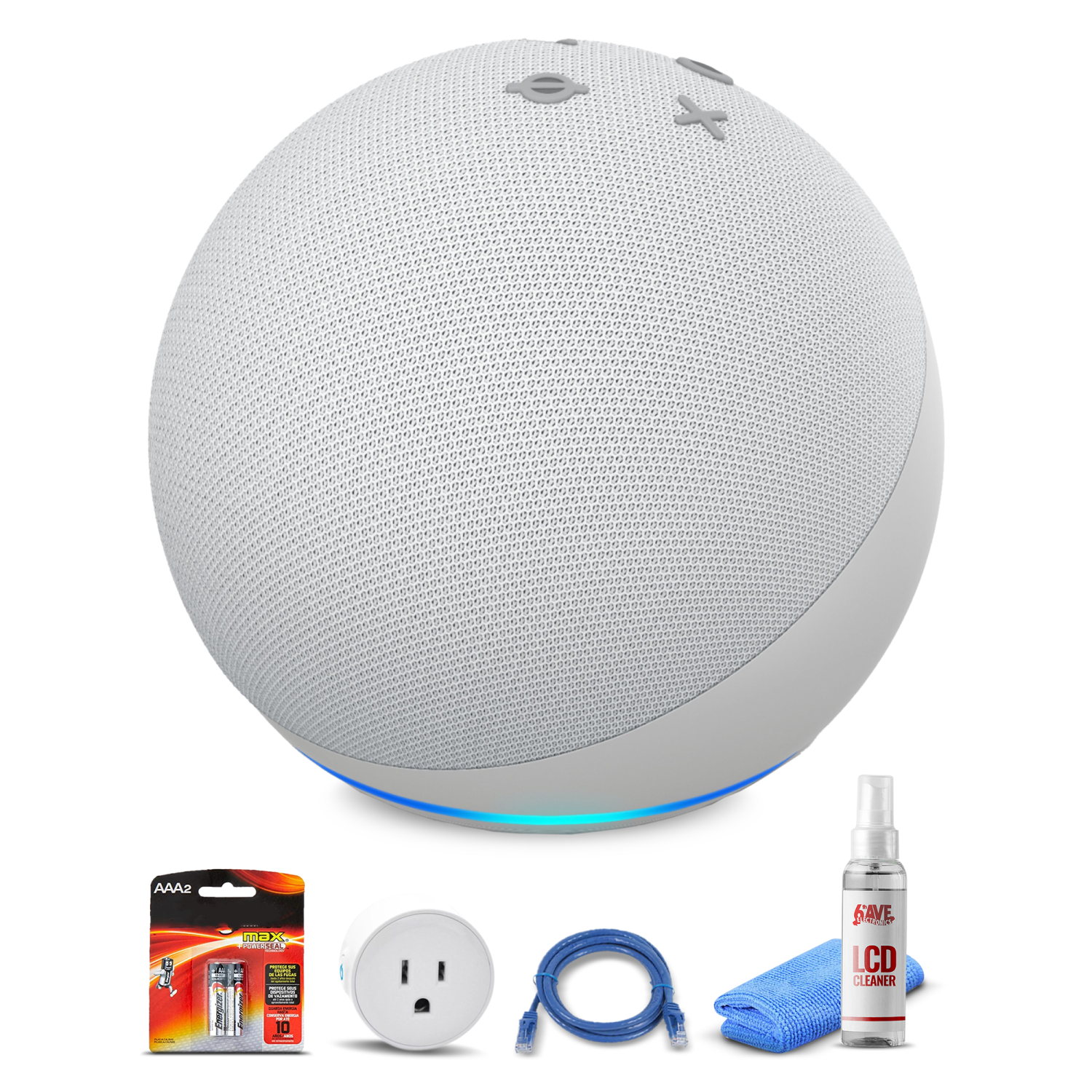 Amazon Echo Dot (4th, White) + Smart Plug + Cat5 Cable + Batteries Base Bundle