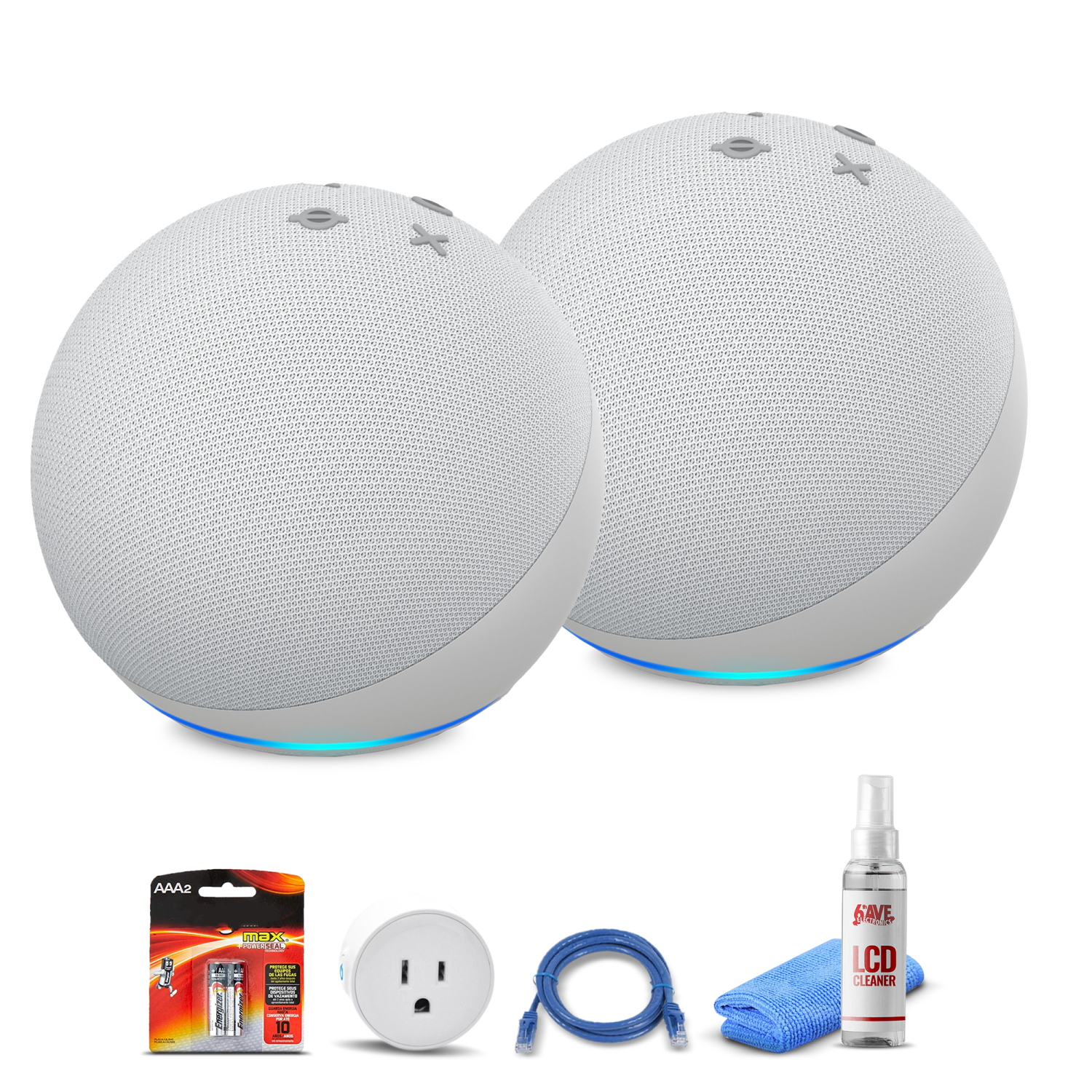 2)  Echo Dot (4th, White) + Smart Plug + Cat5 Cable + Batteries Base  Bundle