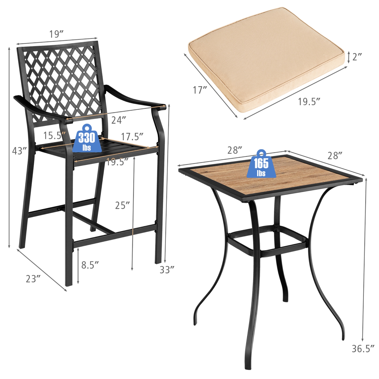 Costway 3 PCS Patio Bar Stool Square Table Bistro Set Cushioned Chairs Armrest