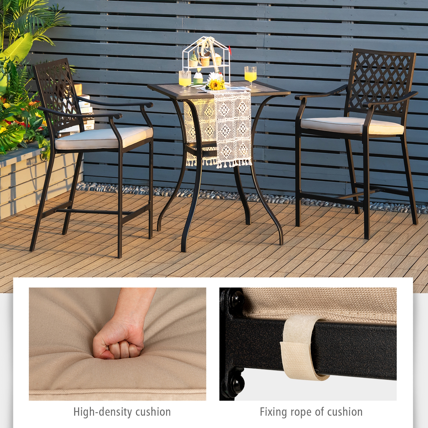 Costway 3 PCS Patio Bar Stool Square Table Bistro Set Cushioned Chairs Armrest