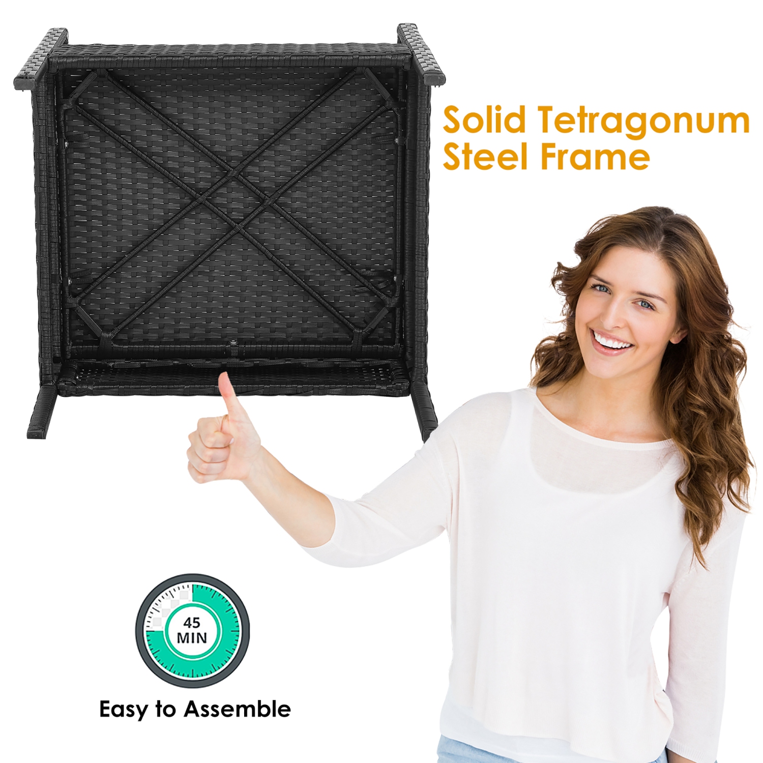 Ensemble de meubles de patio en rotin 4 pièces Costway, Chaise rembourrée, Table en bois, Noir