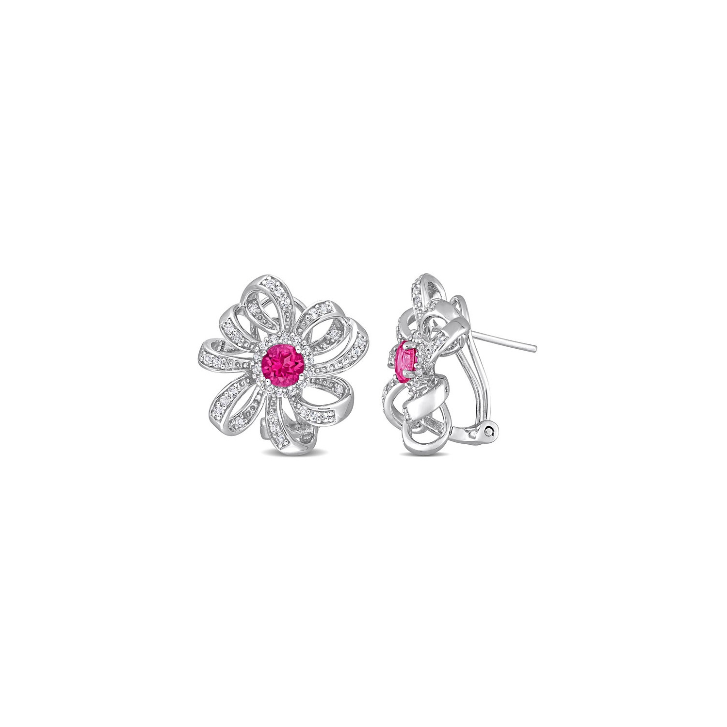 2.00 Carat Pink Topaz & White Topaz Flower Omega-Clip Earrings in Sterling Silver