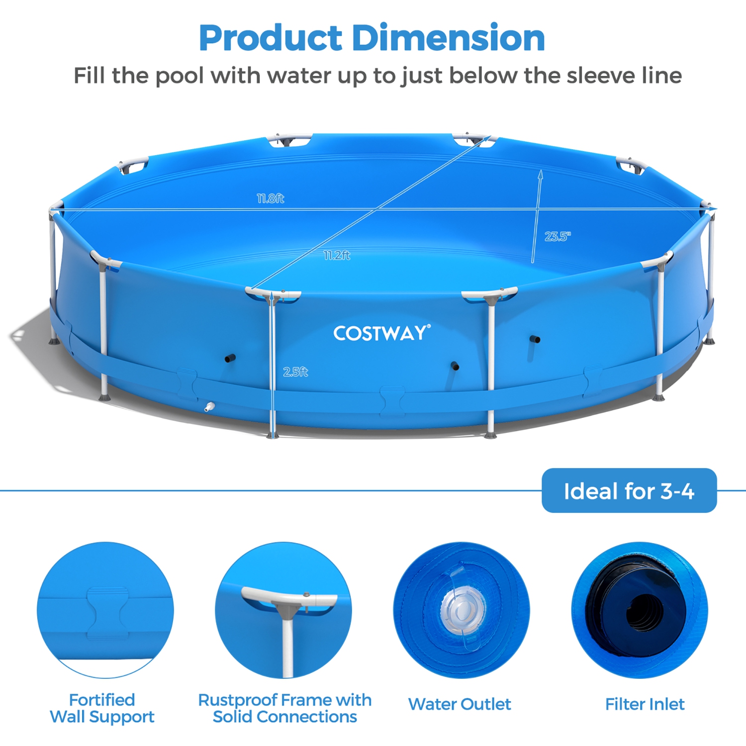 Costway Round Above Ground Swimming Pool Patio Frame Pool W/ Pool Cover Iron Frame