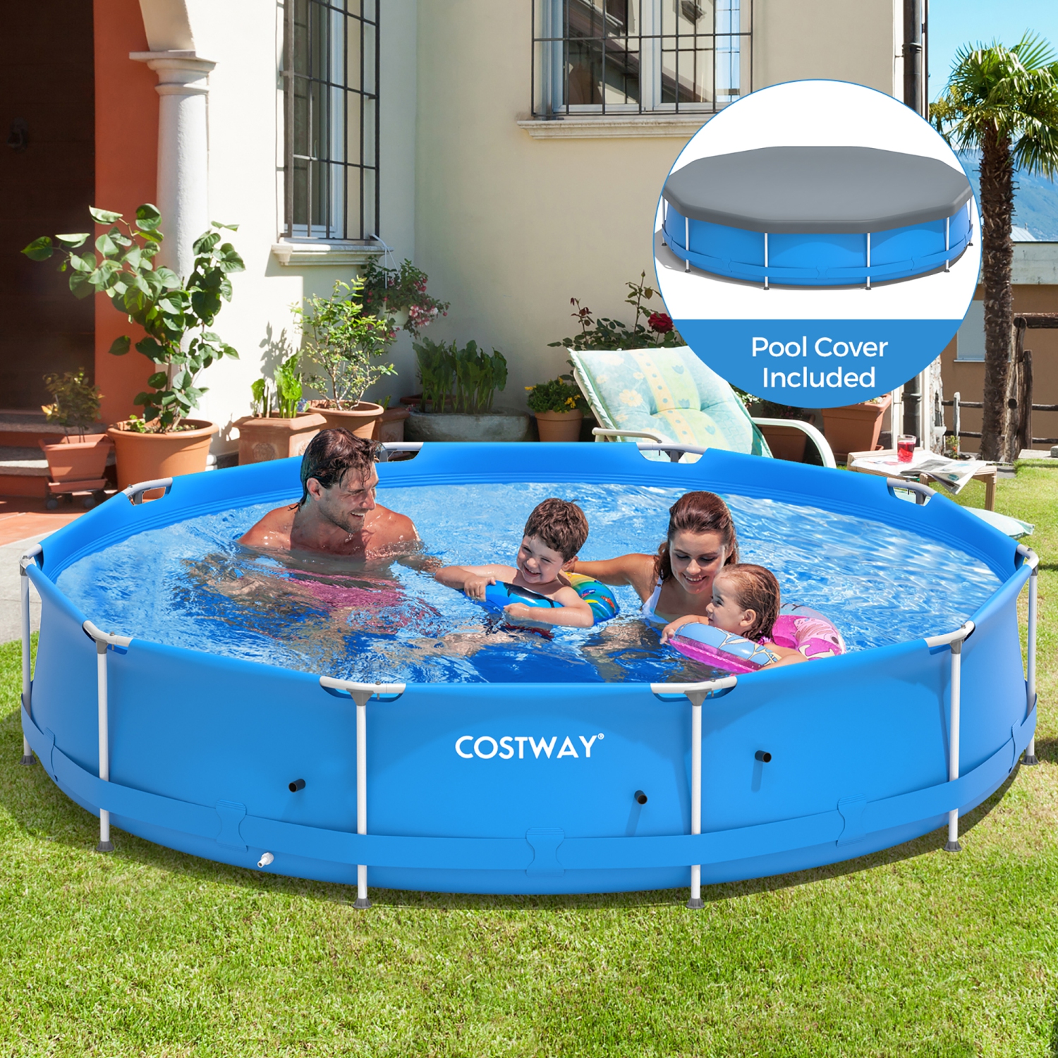 Costway Round Above Ground Swimming Pool Patio Frame Pool W/ Pool Cover Iron Frame