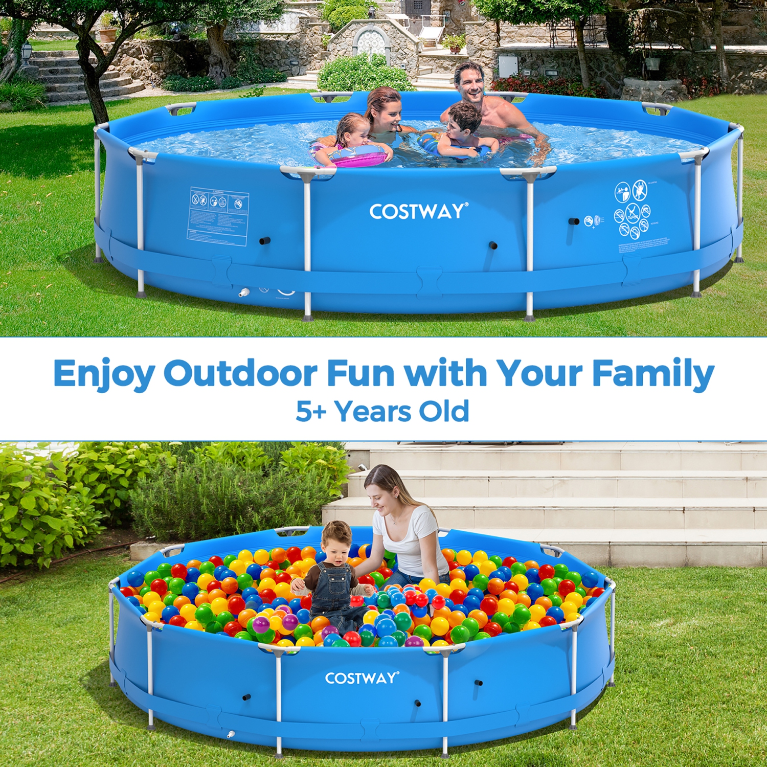 Costway Round Above Ground Swimming Pool Patio Frame Pool W/ Pool Cover Iron Frame