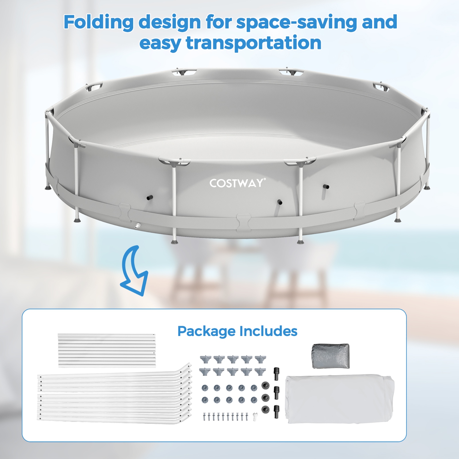 Costway Round Above Ground Swimming Pool Patio Frame Pool W/ Pool Cover Iron Frame
