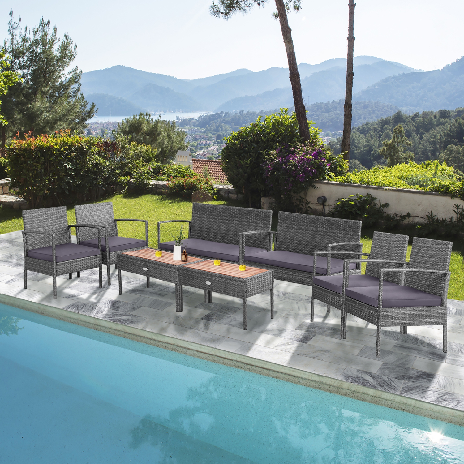 Costway 8PCS Patio Rattan Furniture Set Cushioned Chair Wooden Tabletop Gray